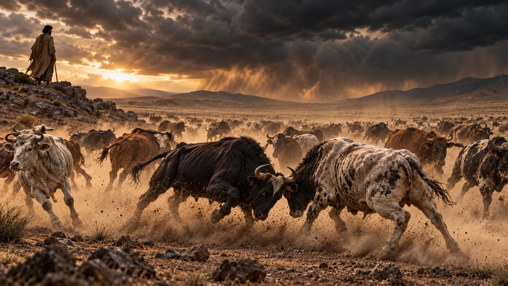 Adult cattle butt heads on a dusty plain while a distant observer watches from rocky high ground.