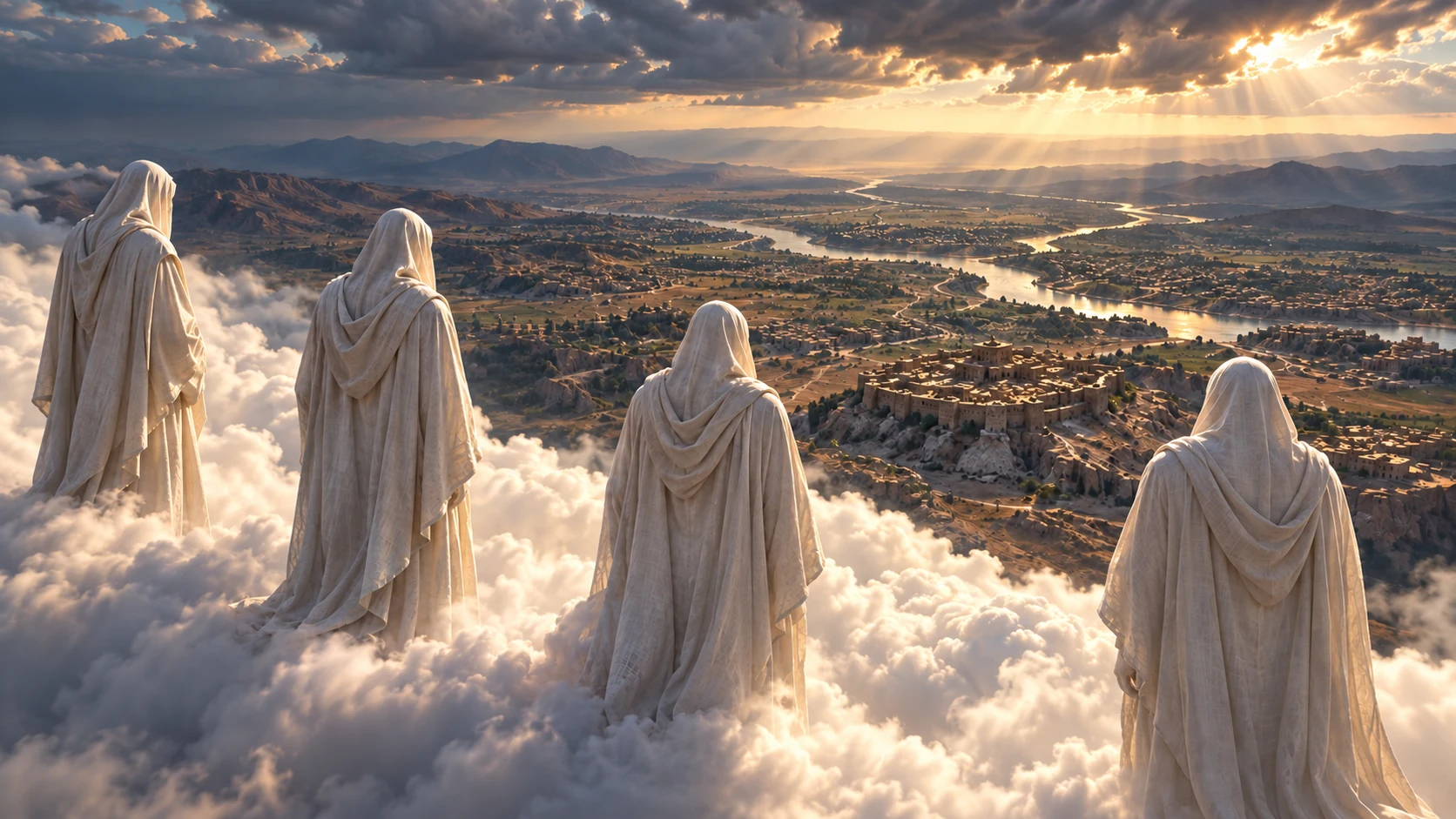 Four anonymous pale-veiled presences look down over an ancient land from a luminous cloud ridge.