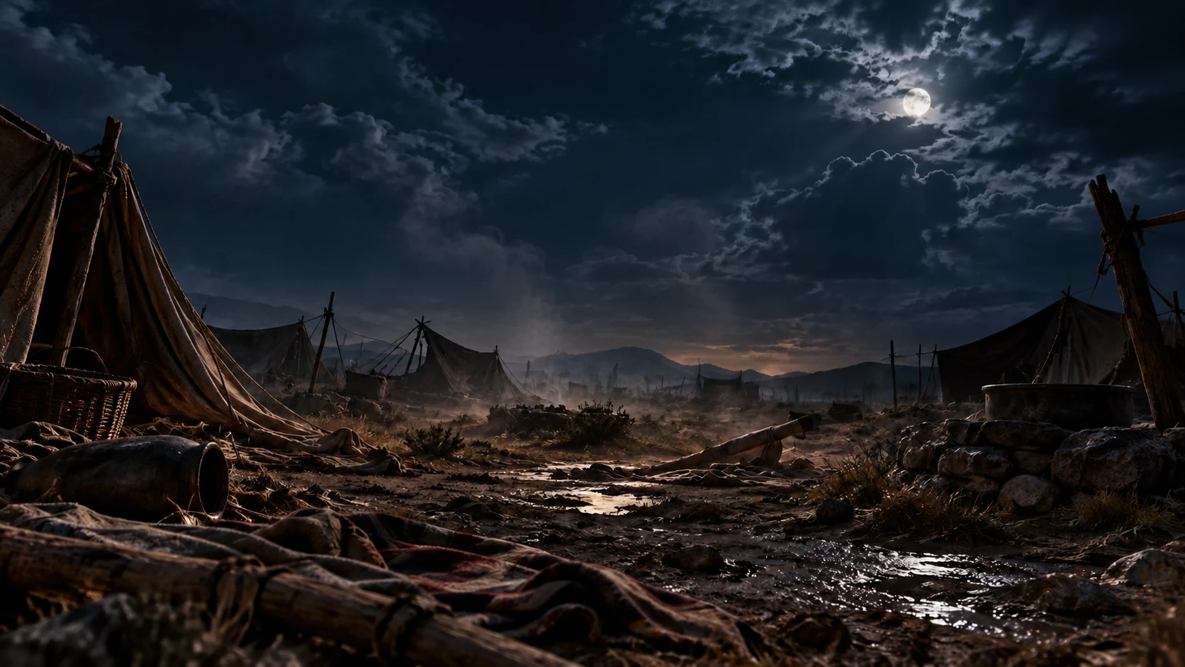 Faint natural mist hangs over an empty night camp, with no bodies or person-shaped spirits.