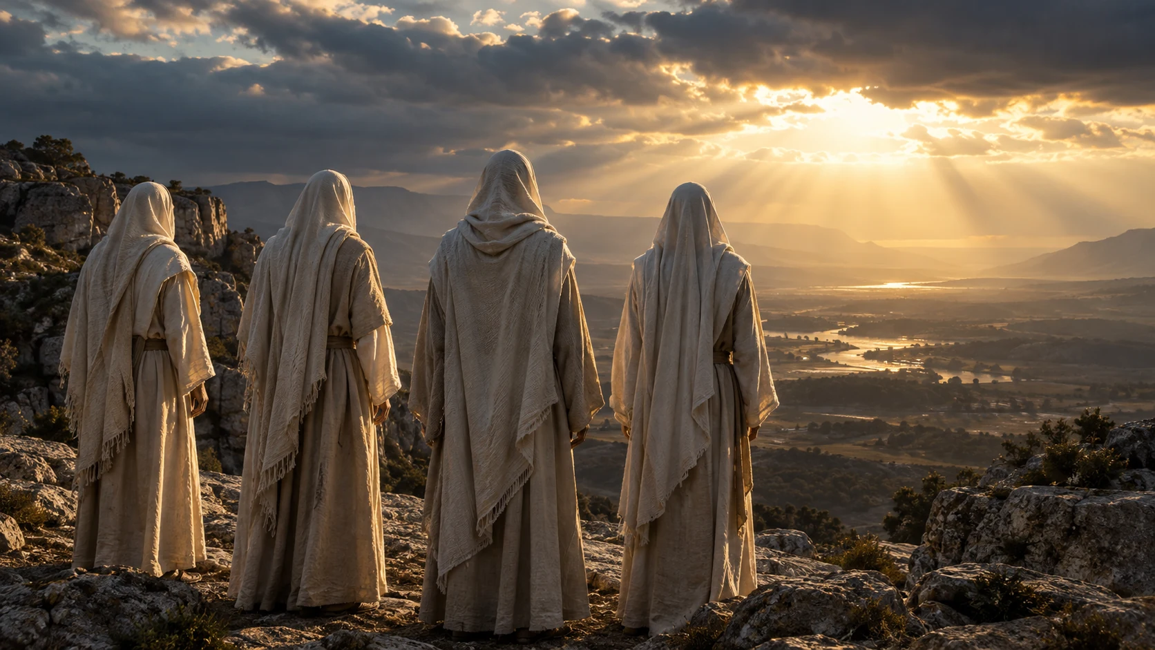 Four anonymous pale-veiled presences stand with lowered empty hands facing horizon light.