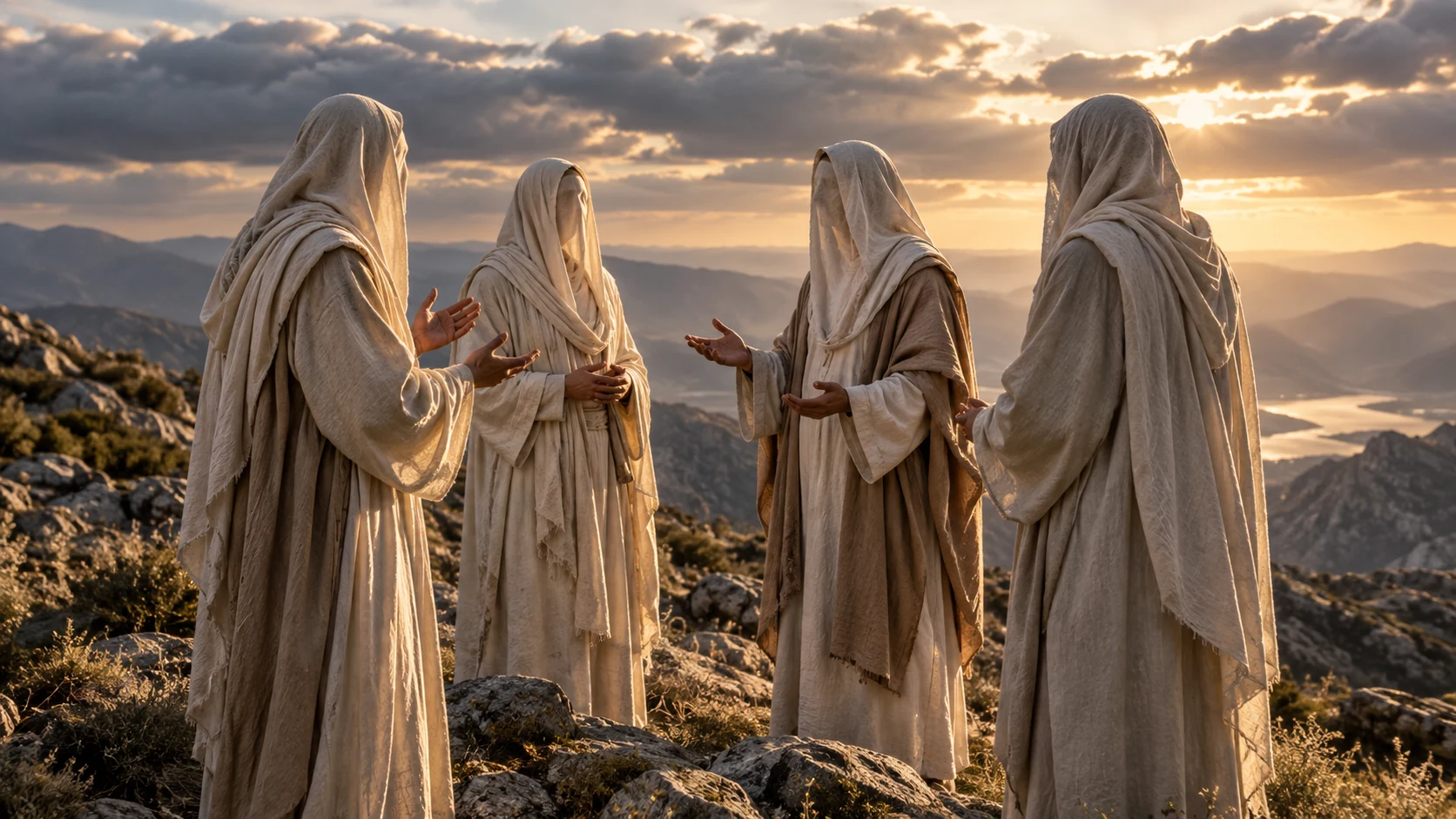 Four anonymous pale-veiled presences face one another with restrained open-hand gestures on a rocky ridge.
