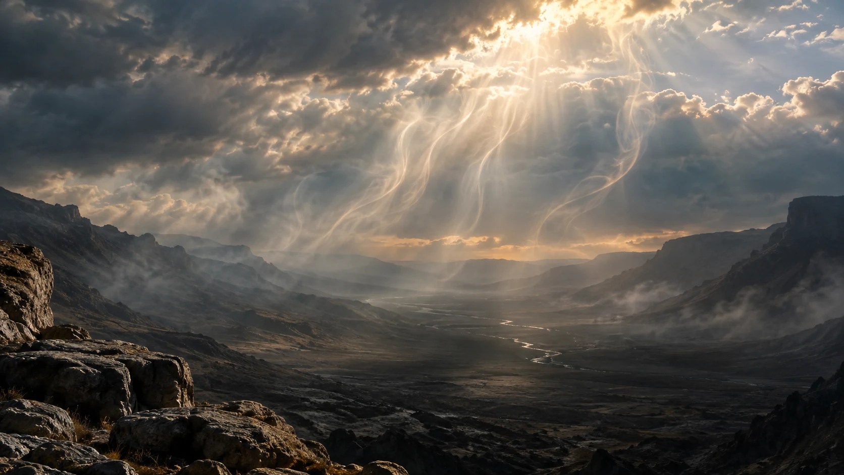 Diffuse non-anatomical light and mist rise over an empty dark valley.