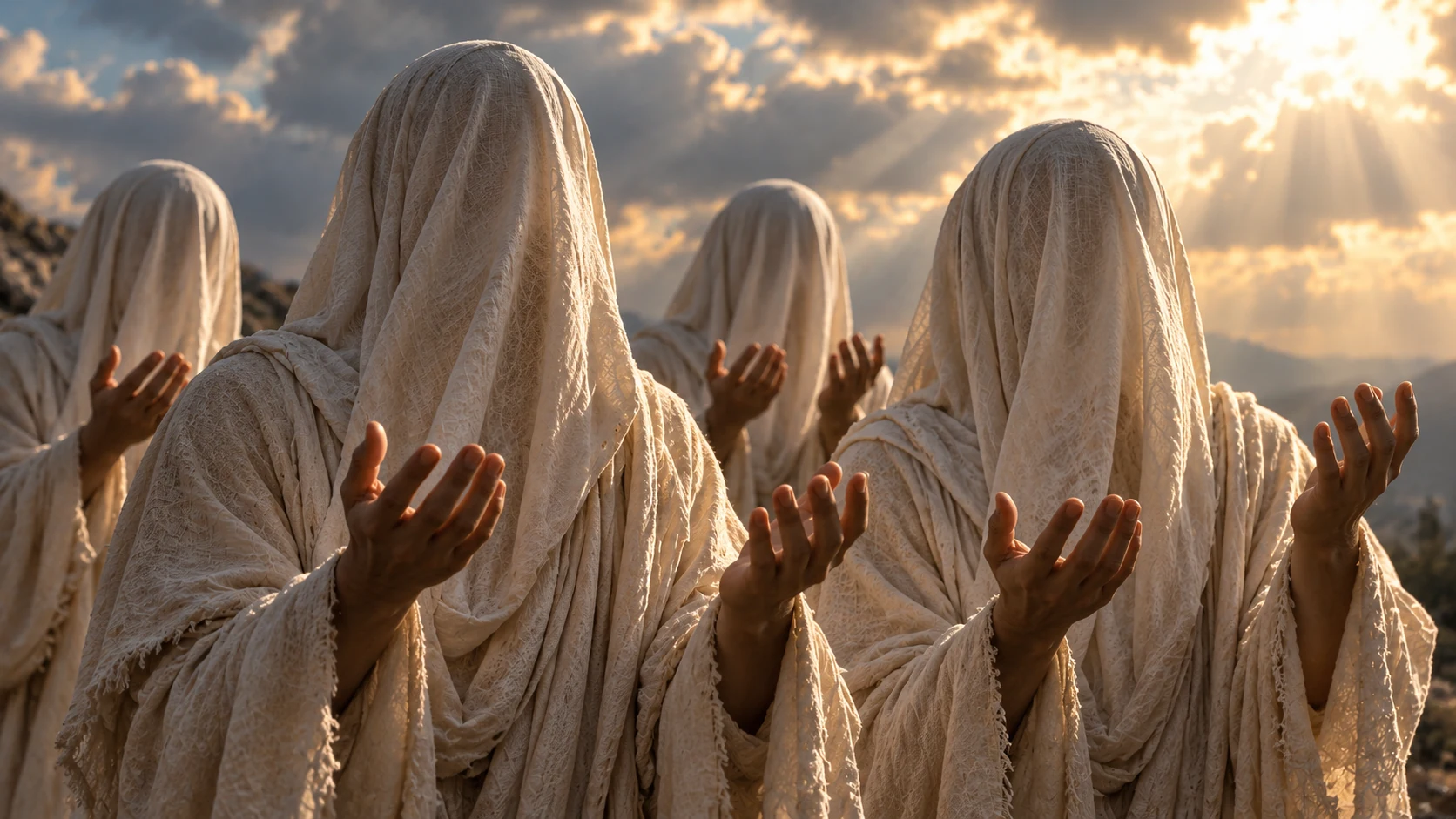 Four opaque-veiled presences form a close frontal cluster with solemn empty-handed gestures.