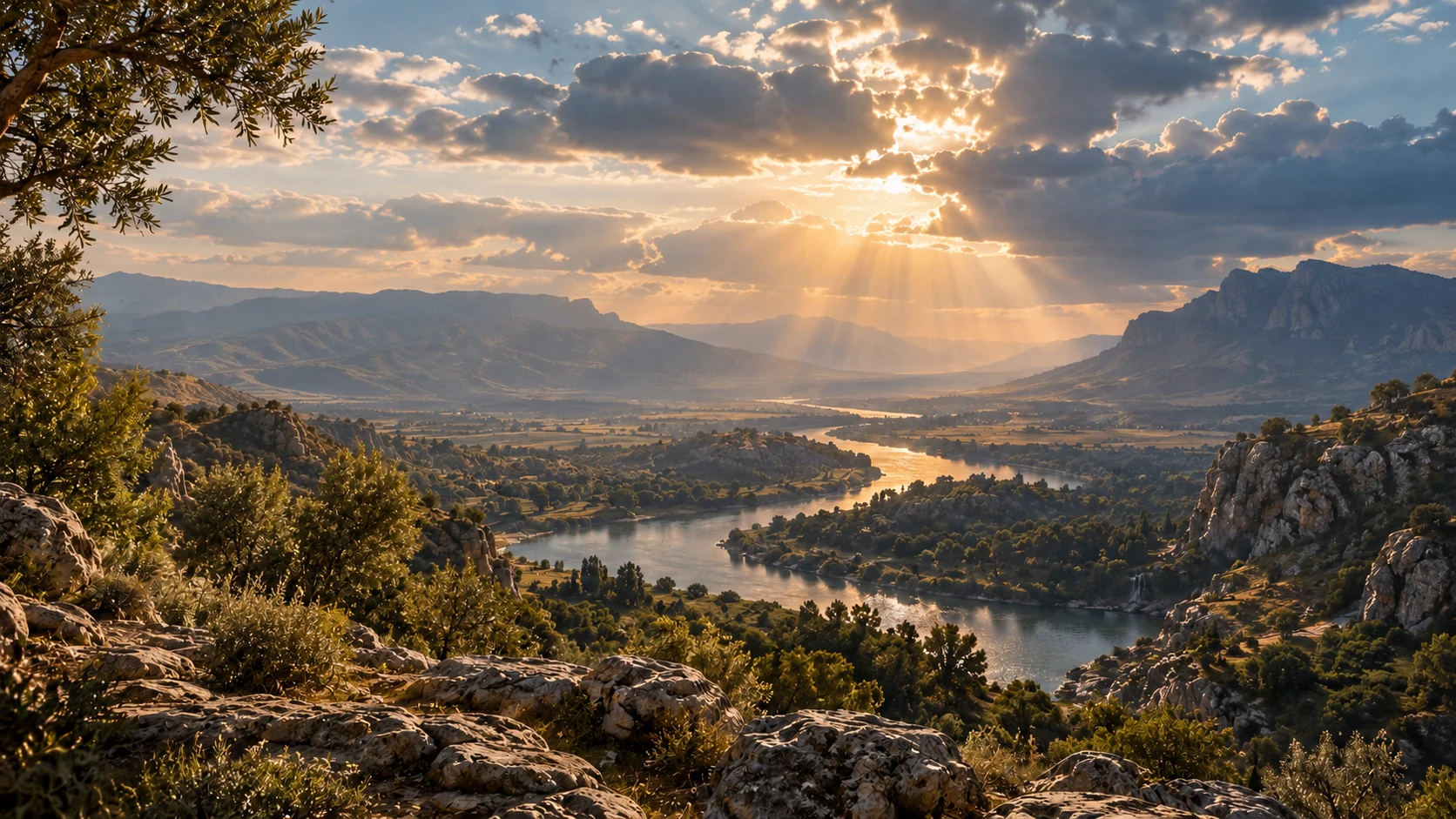 A natural river, trees and rocky hills extend beneath an immense sky, with no human figures.
