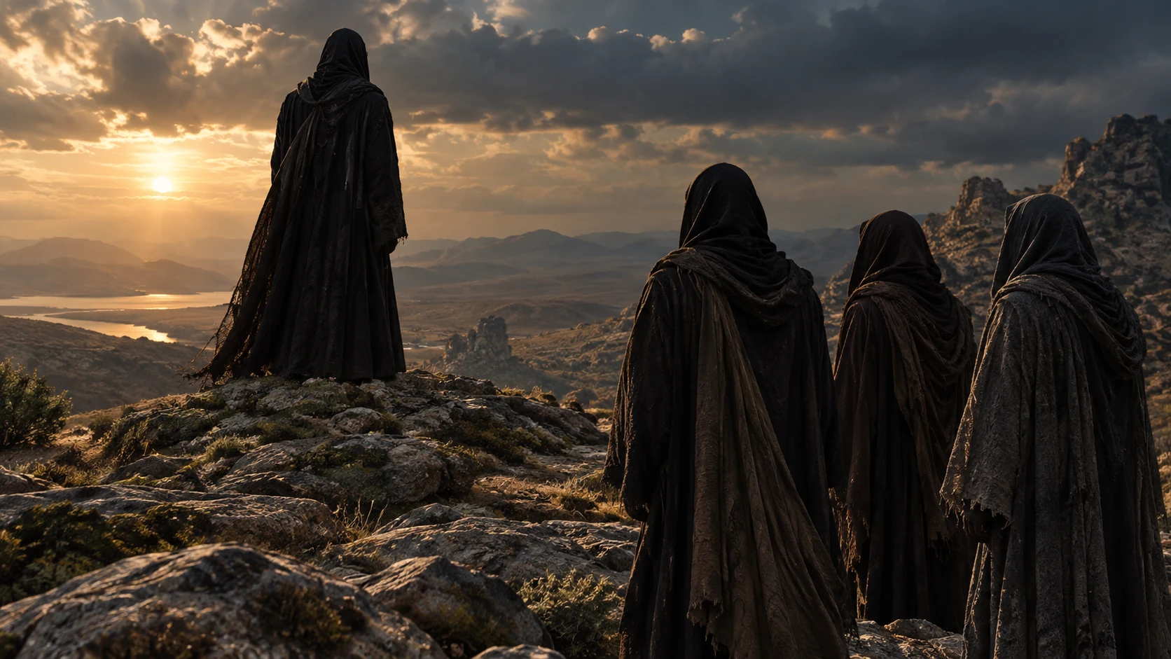 One dark-veiled leader stands apart before three dark-veiled companions on a rocky ridge.