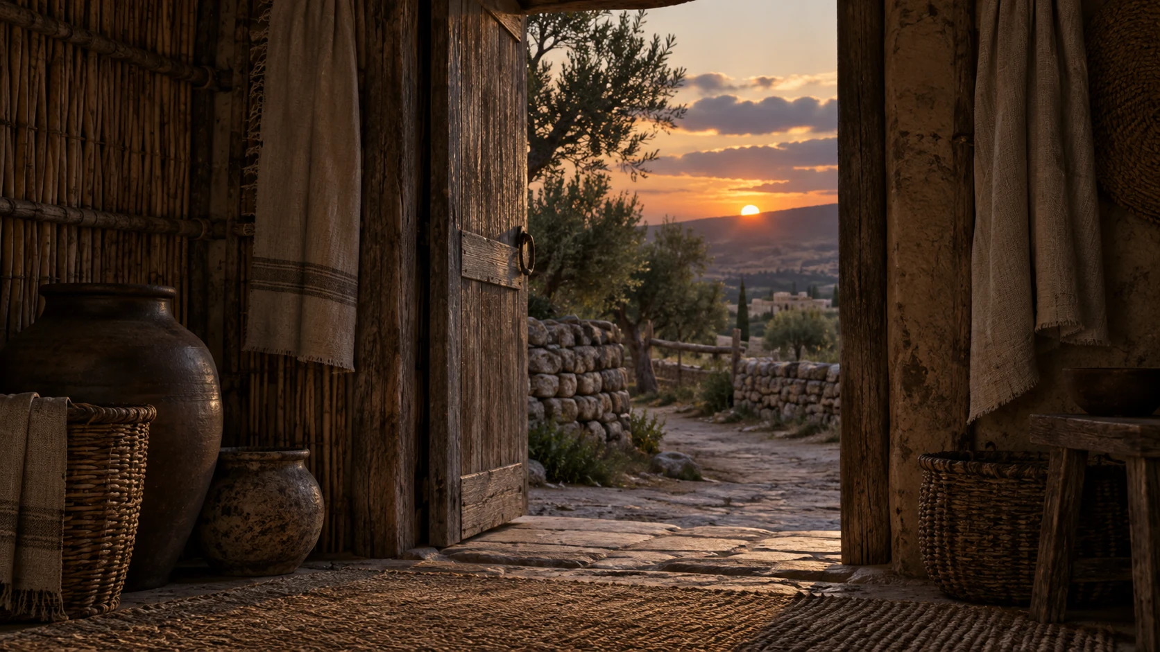 An empty woven shelter doorway opens onto a quiet path at dusk.