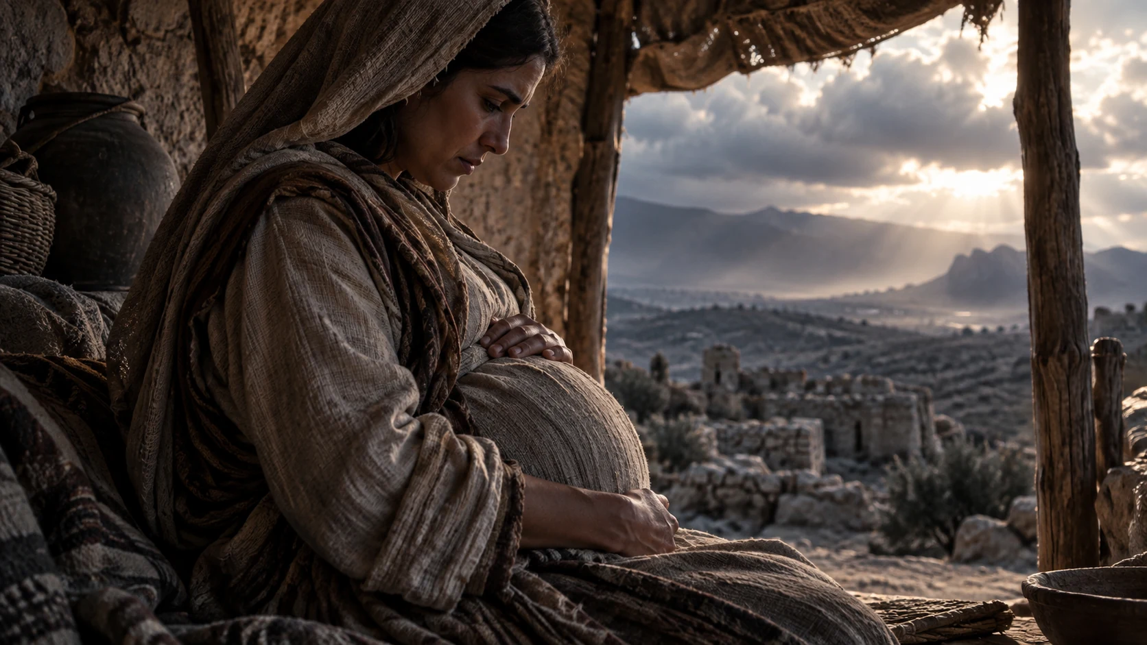 A fully clothed pregnant adult woman sits quietly in simple shelter shade.