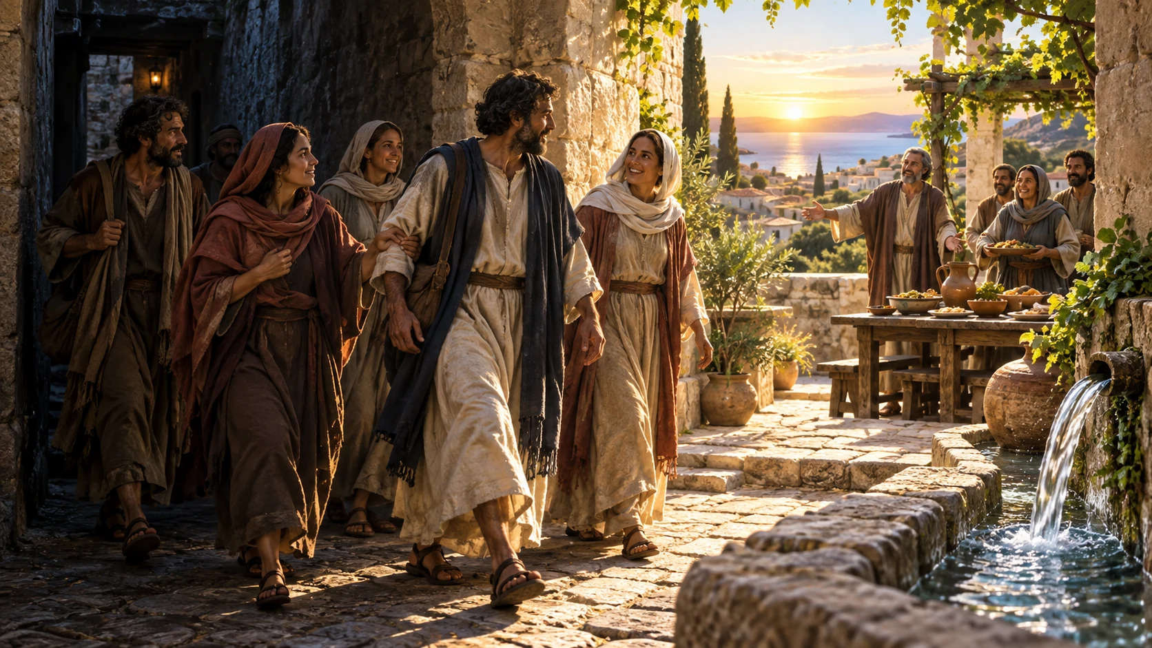 Believers walk from a shadowed lane into a bright shared courtyard.