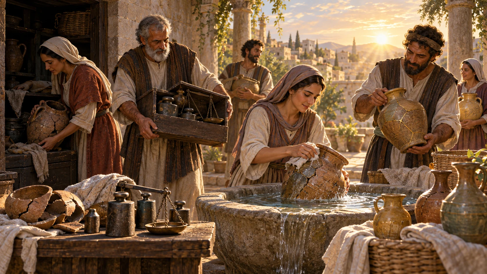 Neighbors bring cracked vessels and false weights into the light to wash and repair them.