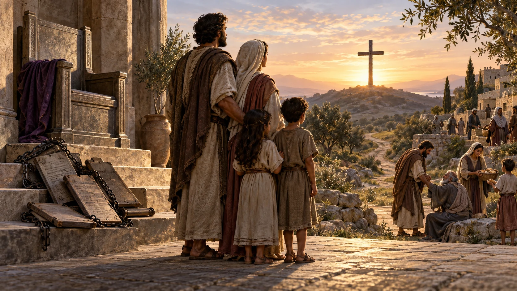 An empty judgment seat and unoccupied cross-shaped beam open onto a path of faithful care.
