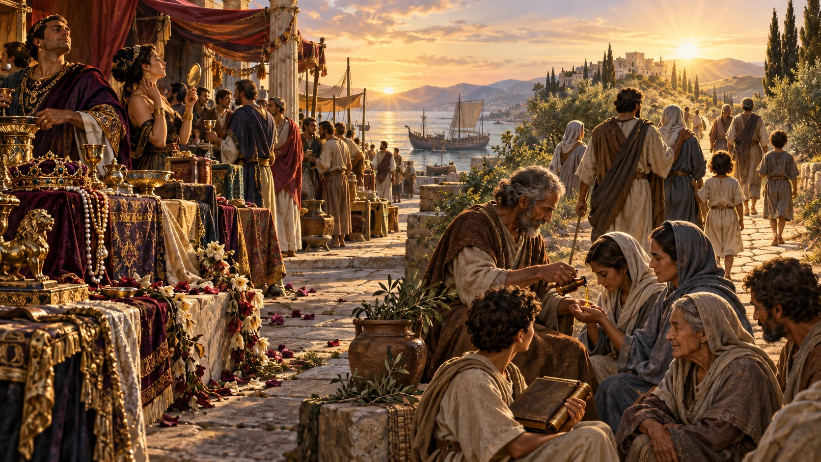A community turns from fading status goods toward shared anointing, truth, and enduring light.
