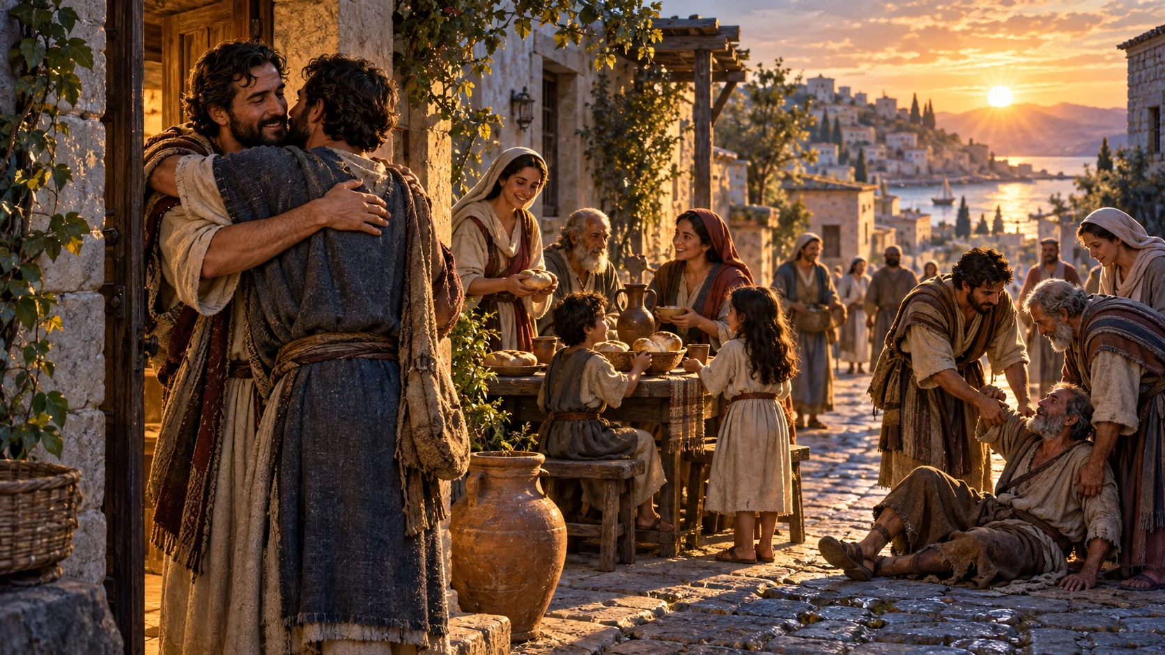 Reconciled neighbors share bread and lift one another as dawn reaches the street.