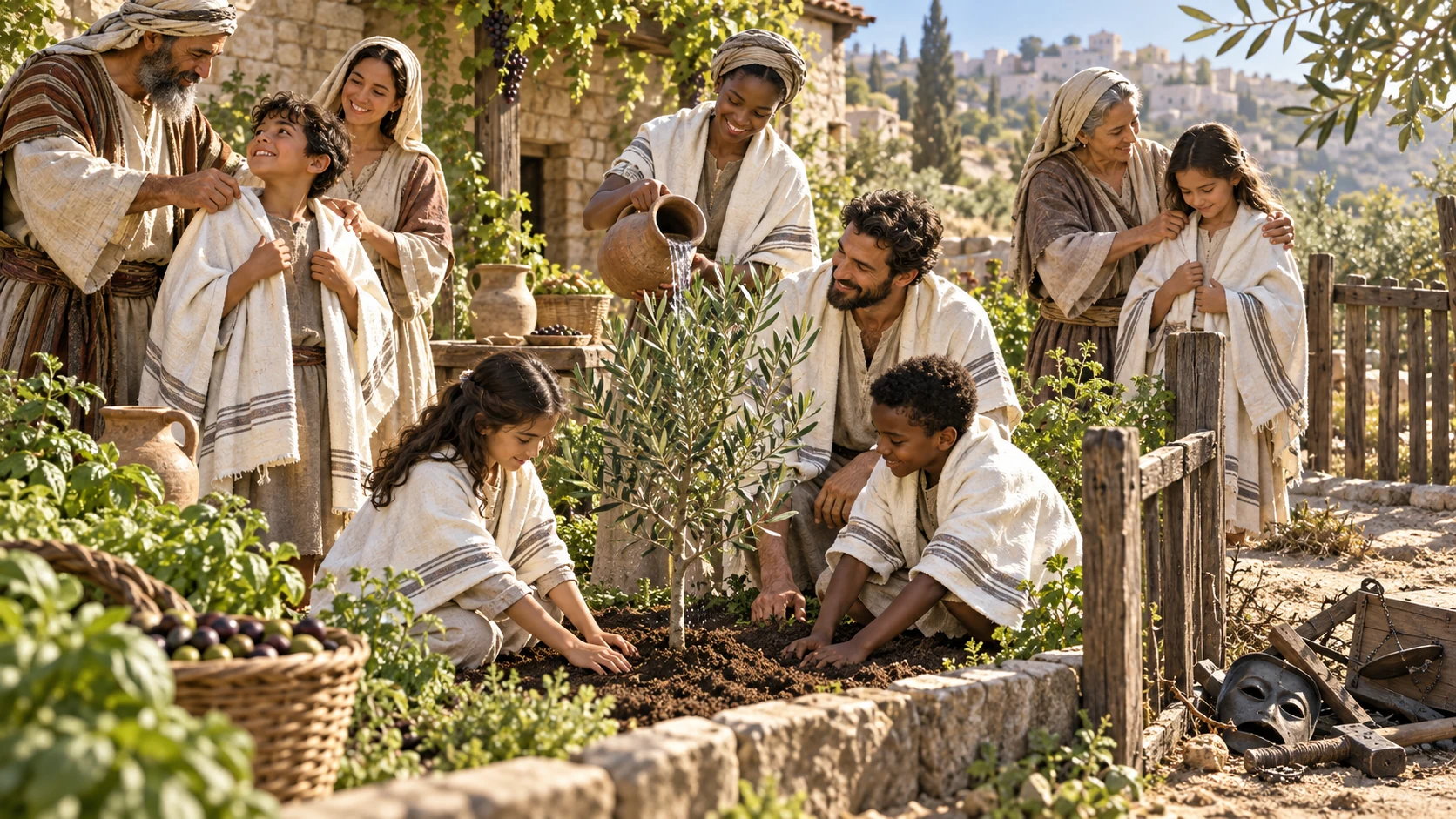 A household welcomes children and tends a living olive seedling in good soil.