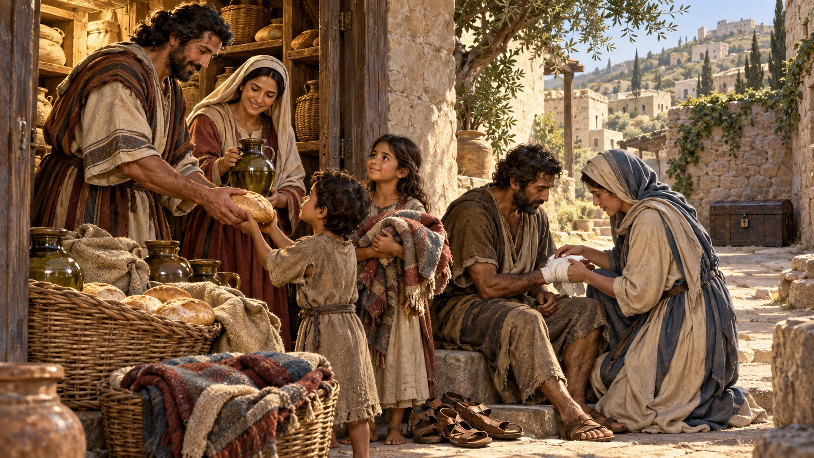 A household opens its stores to clothe, feed, and bandage neighbors in need.