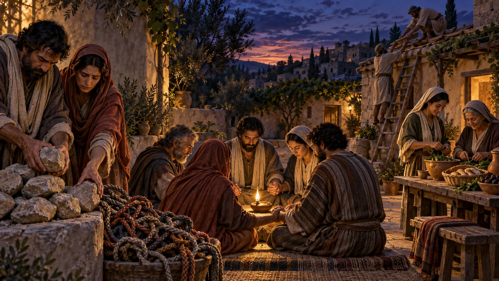A community prays around one lamp and then repairs a roof and prepares food together.