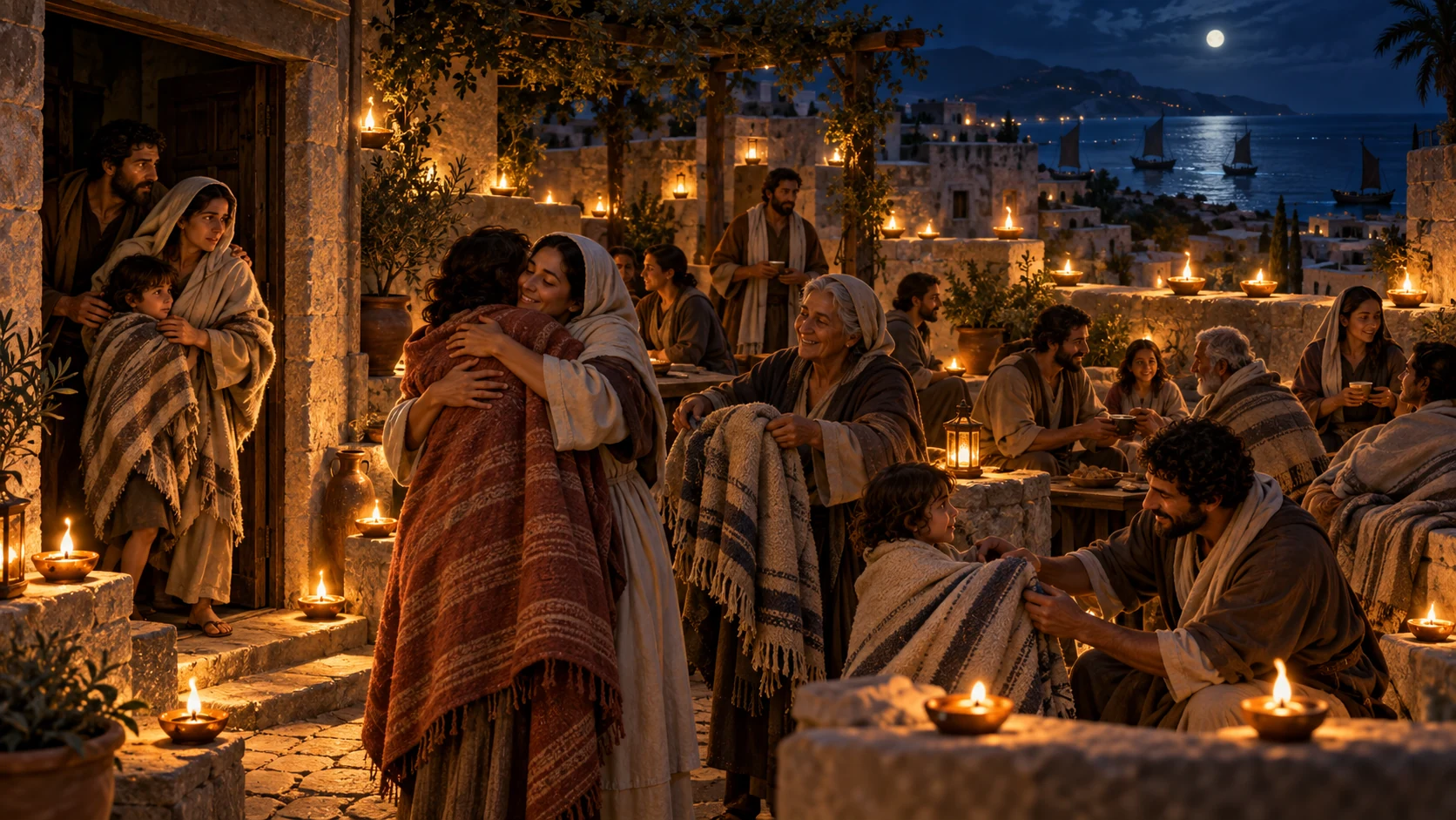 Frightened families step into a lamp-lit courtyard of welcome and protection.