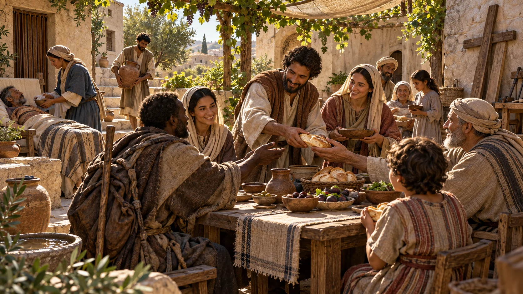A community welcomes a traveler, shares a table, and tends a sick neighbor.