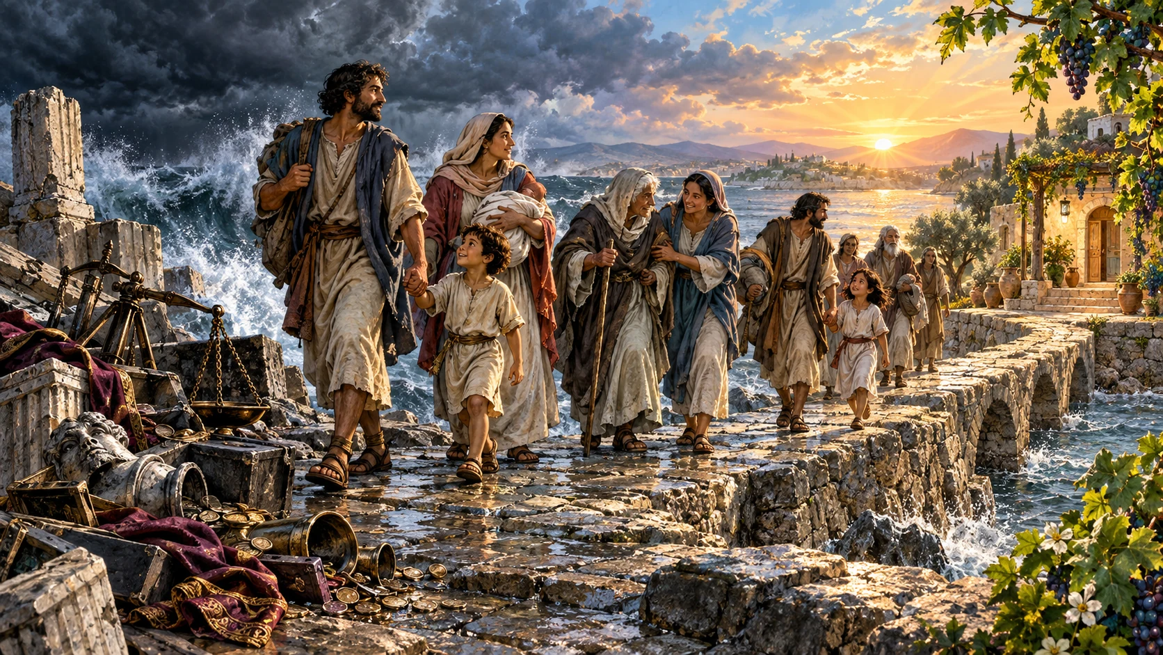 Families help one another across a storm-worn causeway toward a flourishing home.
