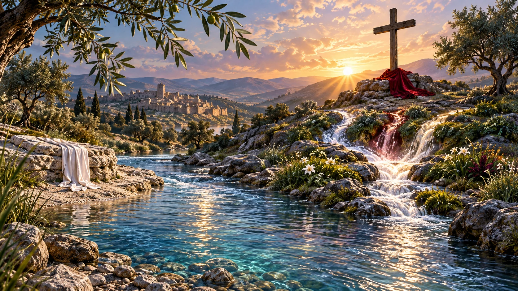 Water, a restrained crimson cloth, wind-tossed olive branches, and an unoccupied cross converge in one living landscape.