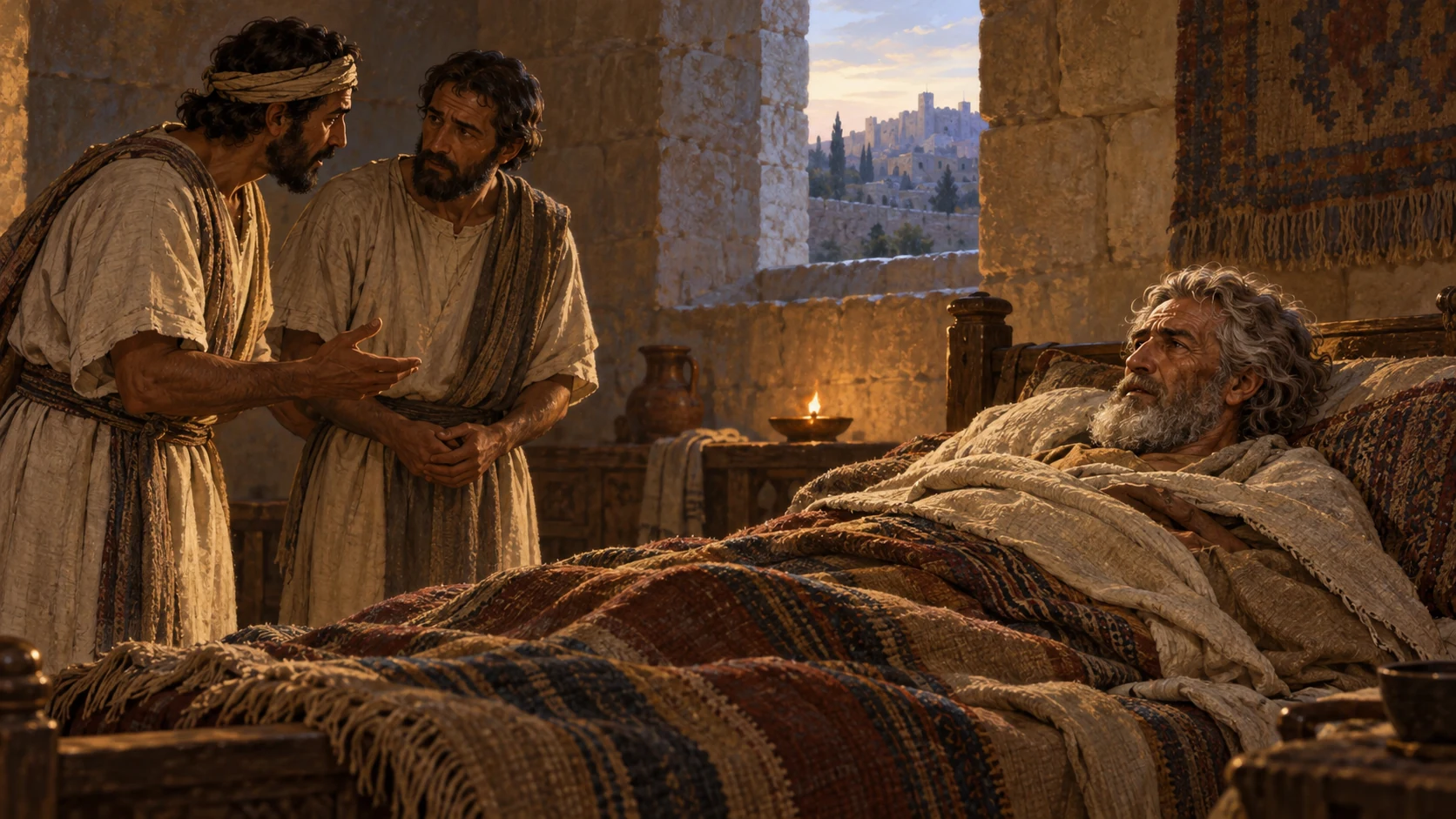 Aged David lies under layered garments while two servants discuss his care.