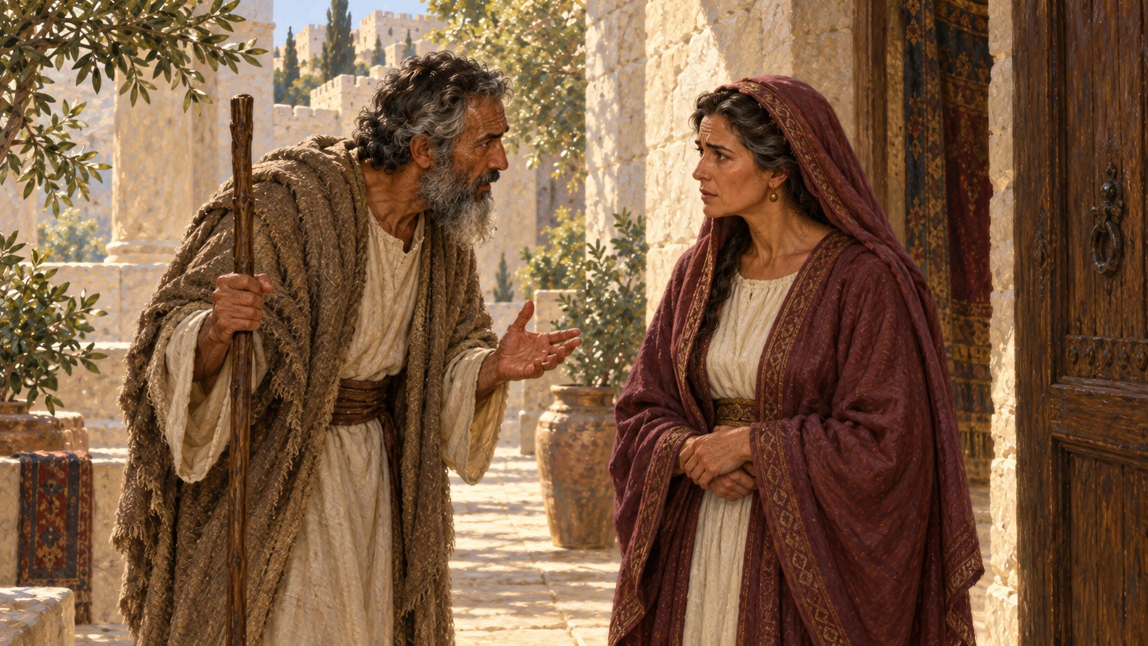 Nathan speaks urgently and privately to Bathsheba, advising her to approach David.