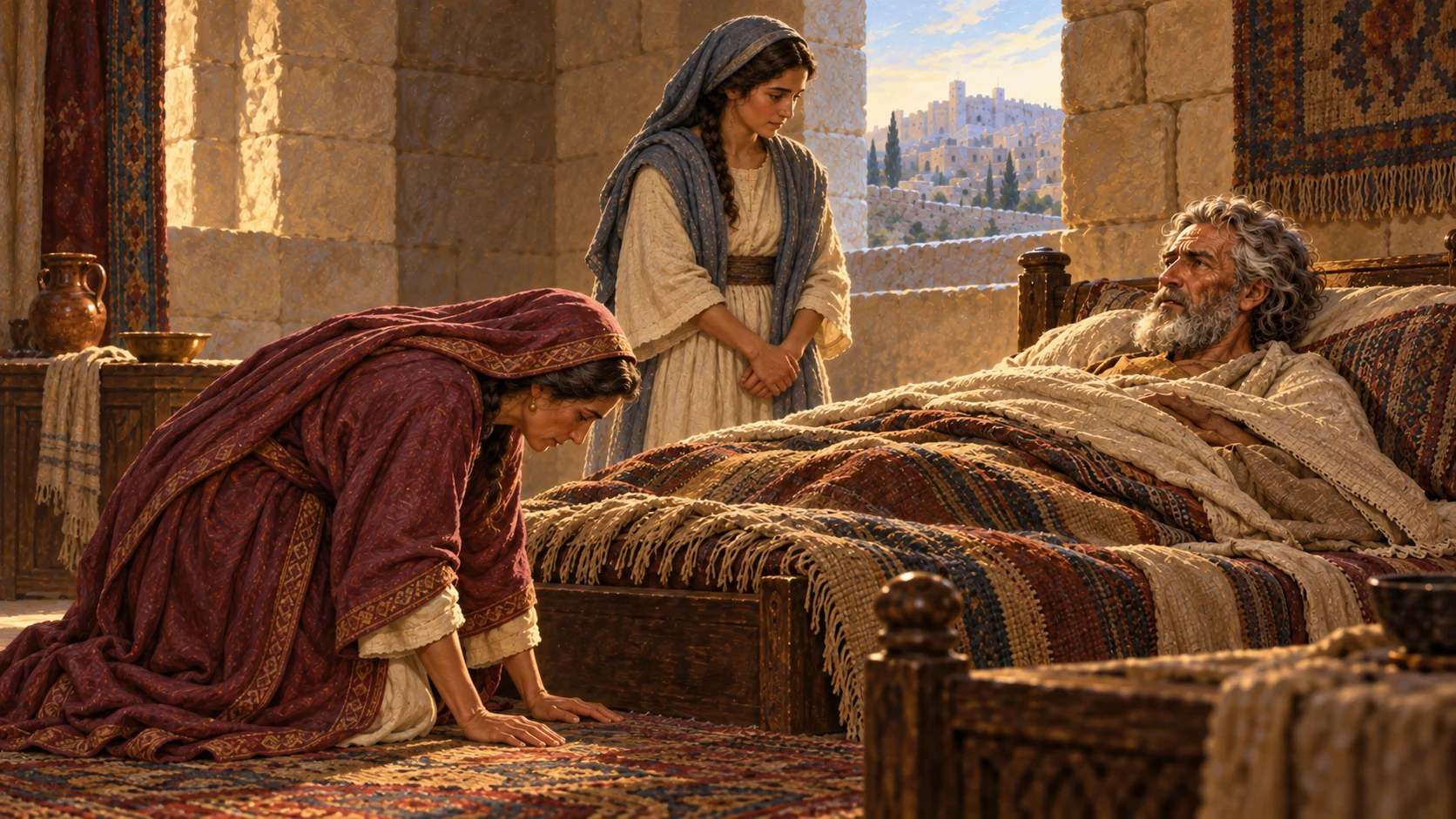 Bathsheba bows before aged David while Abishag attends him.