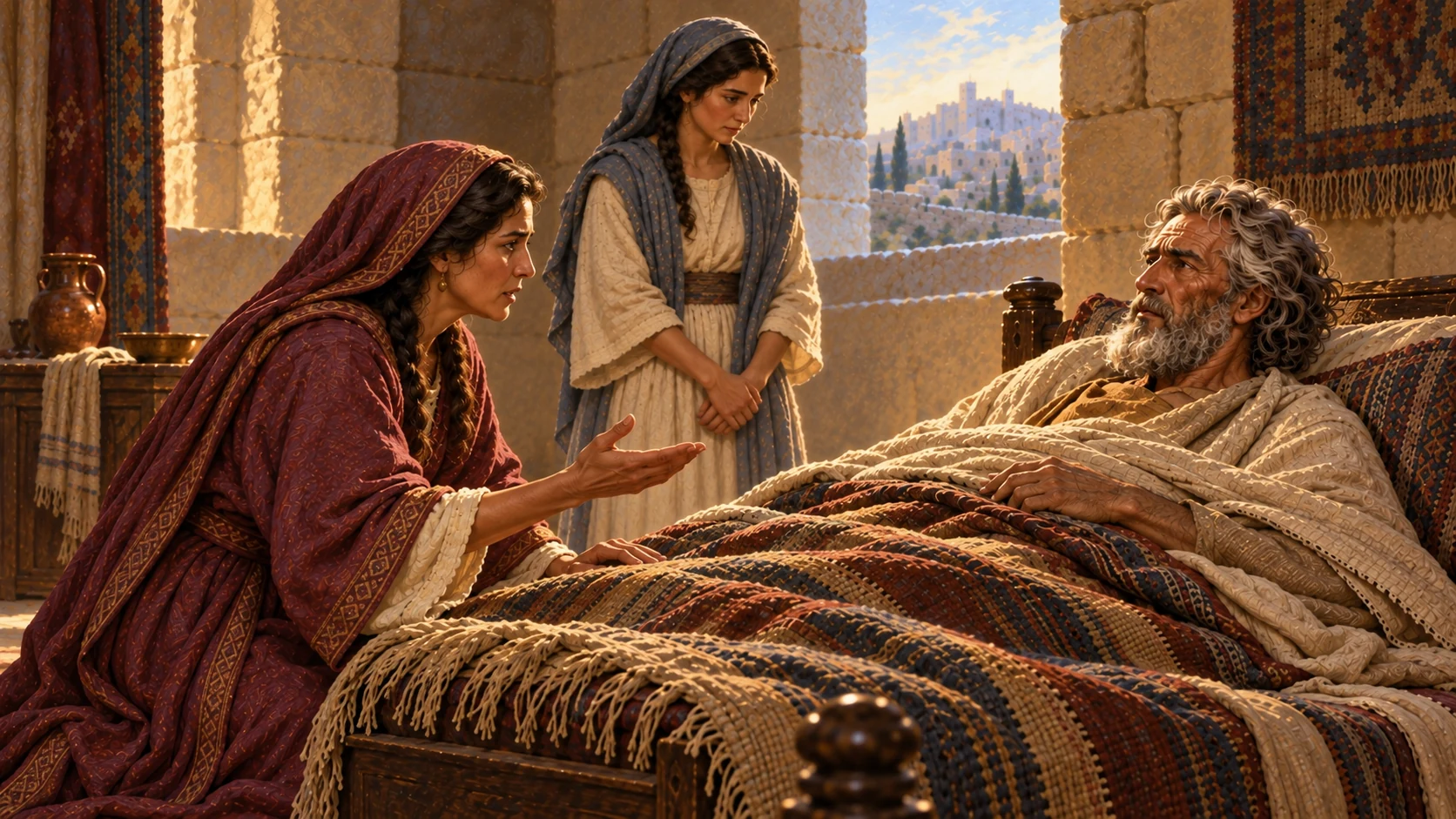Bathsheba addresses David about the succession, fearful yet resolute. No visual flashback to her reported events.