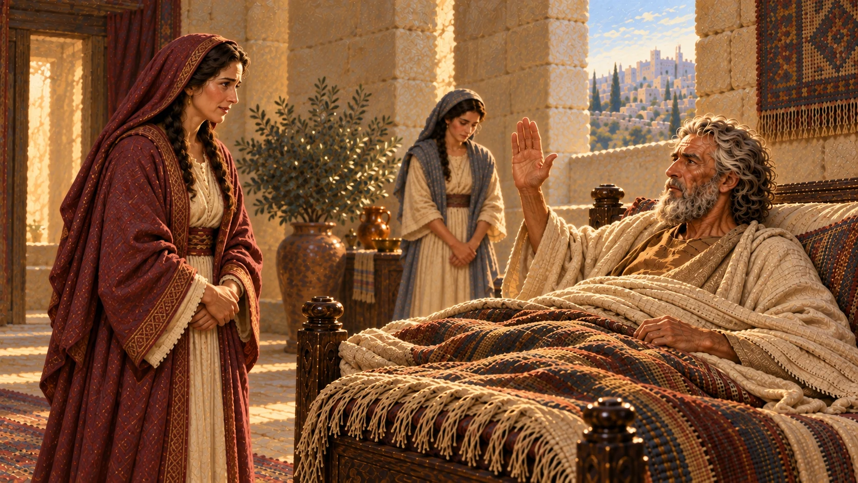 David speaks firmly from his bed to Bathsheba, renewing his promise about Solomon.