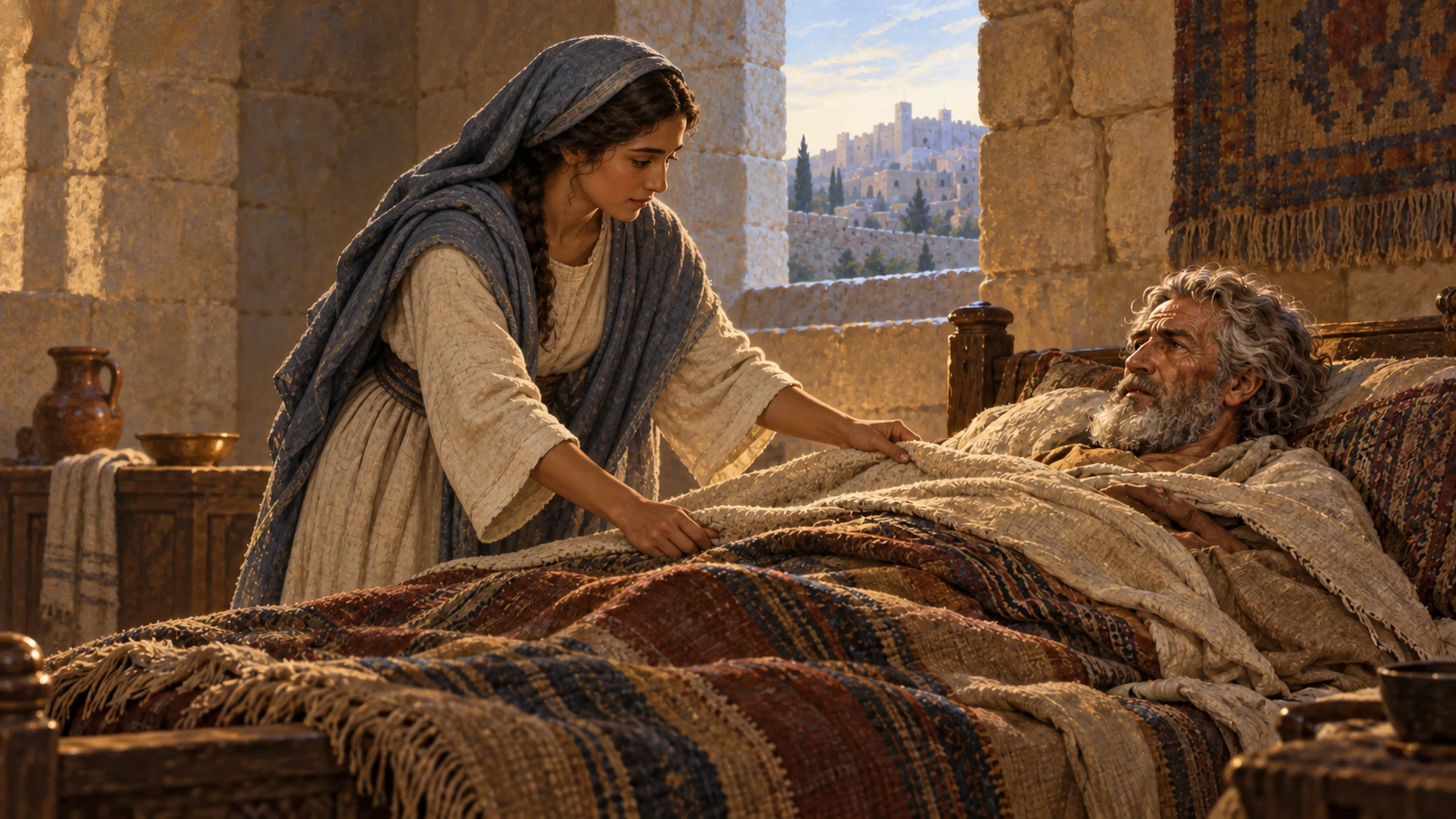 Abishag, depicted as a fully clothed young adult caregiver, attends the elderly king in his chamber. Dignified nonsexual care.