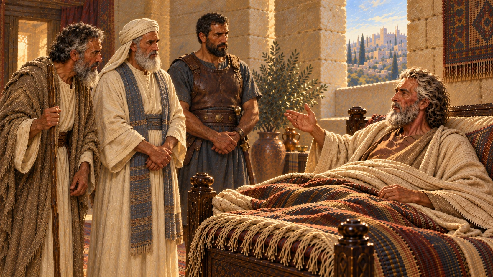 David gives instructions to Zadok, Nathan and Benaiah in his chamber; the anointing has not occurred yet.