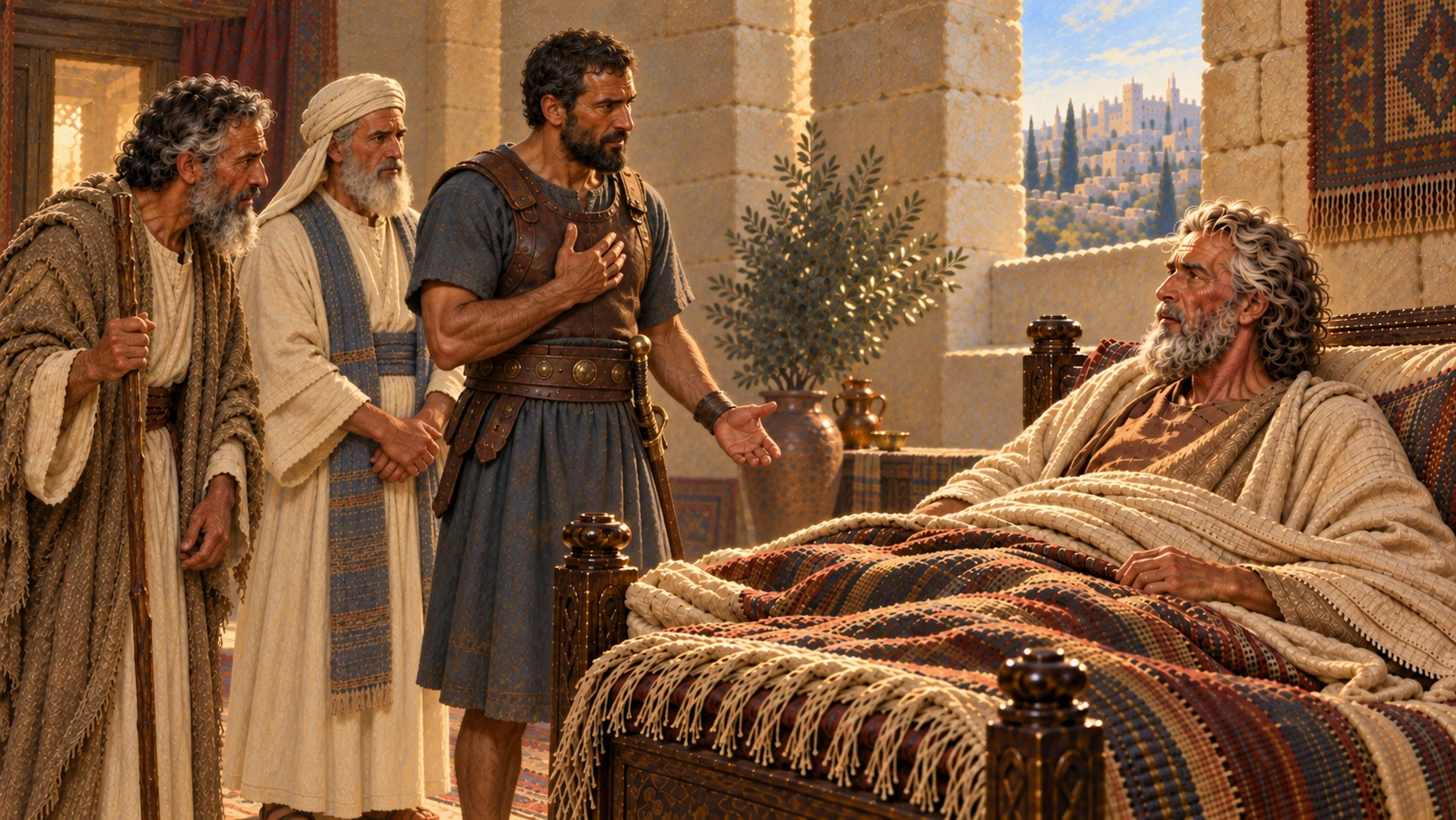Benaiah responds earnestly before aged David, with Zadok and Nathan nearby.