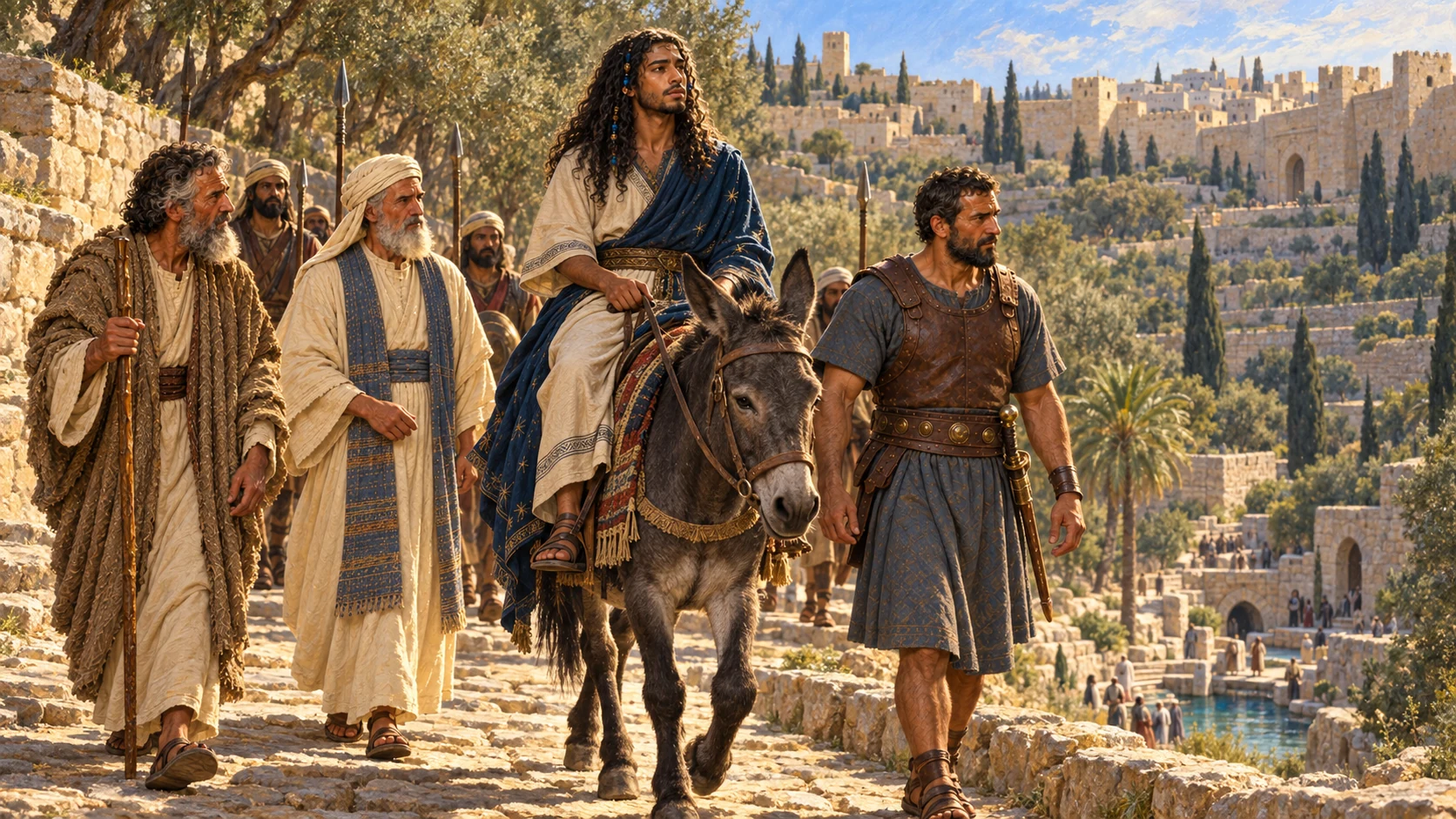 Solomon rides David’s mule toward Gihon accompanied by Zadok, Nathan, Benaiah and the royal guard.
