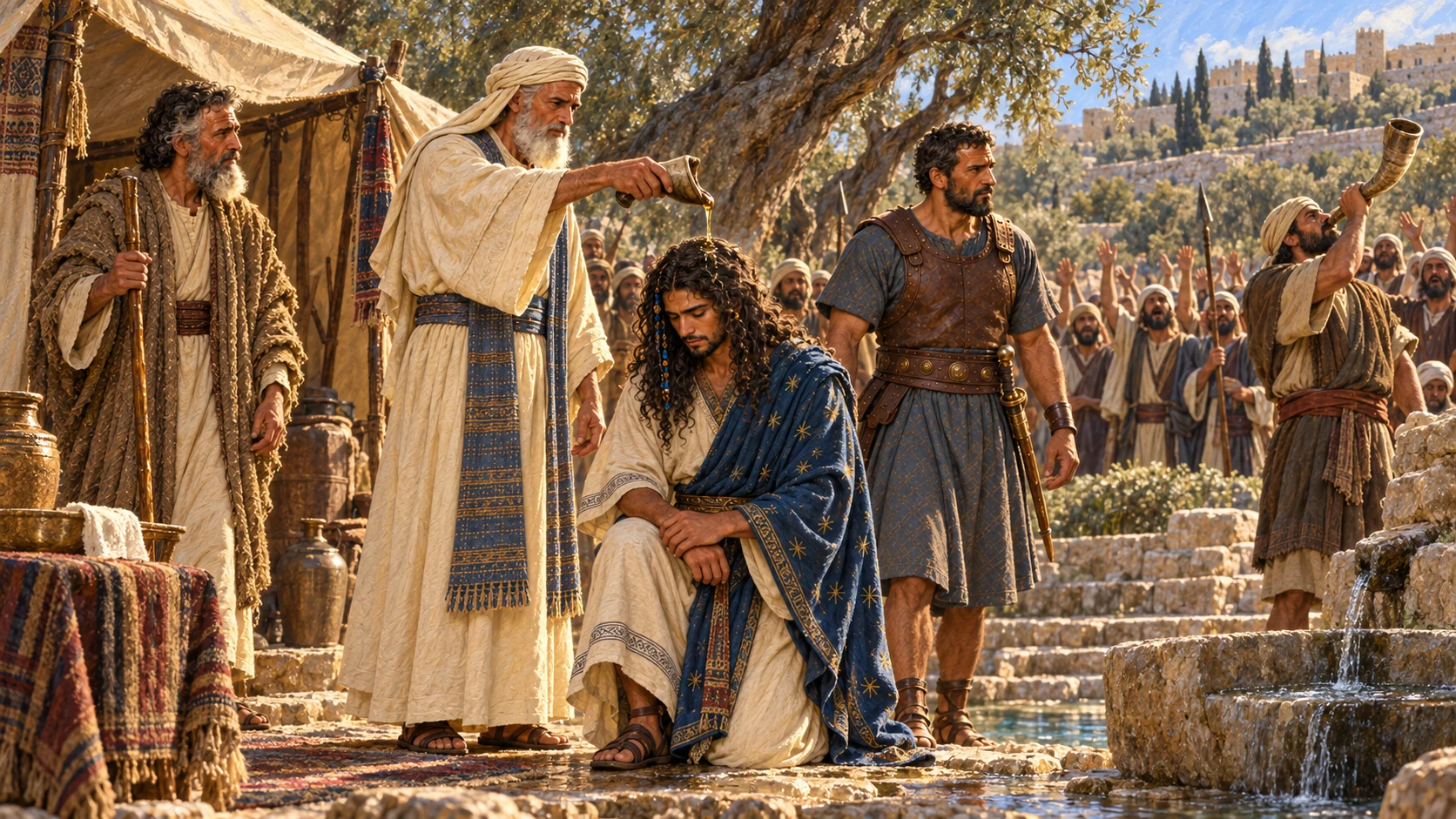 Zadok anoints Solomon with oil from a horn beside the tent at Gihon; a ram’s horn is sounded.