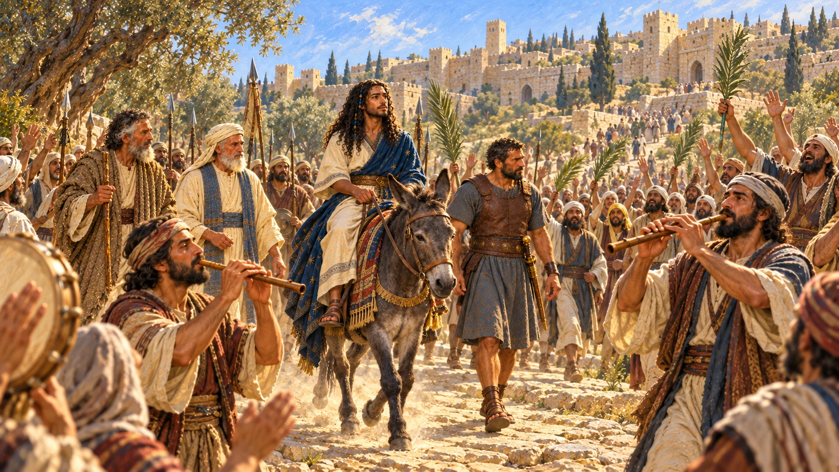 A joyful procession follows Solomon uphill with flute players. Express the thunderous sound through movement; no invented earthquake chasm.
