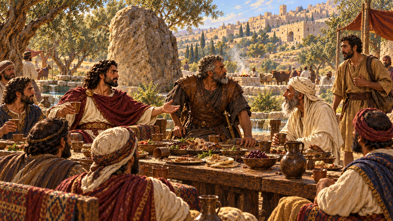 Adonijah’s guests pause at the city’s uproar as Jonathan approaches.