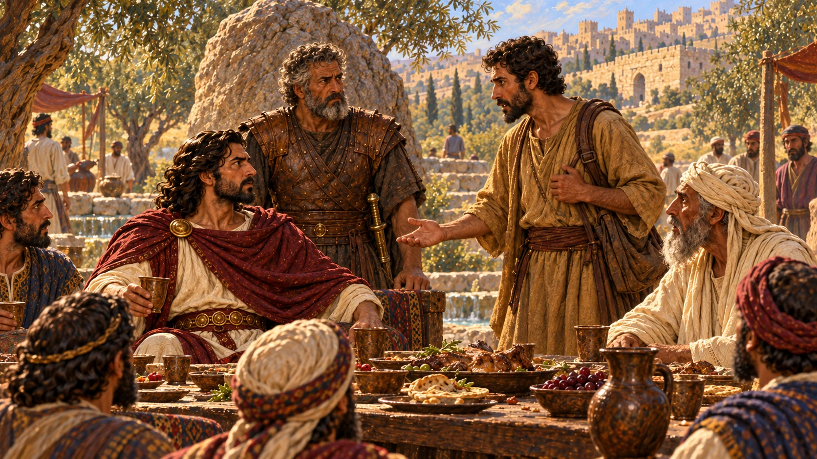 Jonathan delivers his report to a stunned Adonijah at the feast. Keep the depicted event on the report rather than staging all reported events together.
