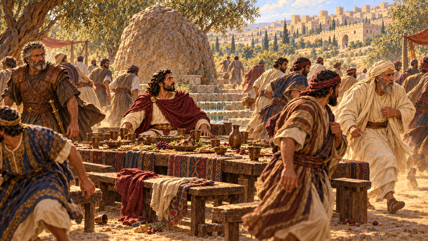Alarmed guests rise from Adonijah’s feast and depart in different directions.