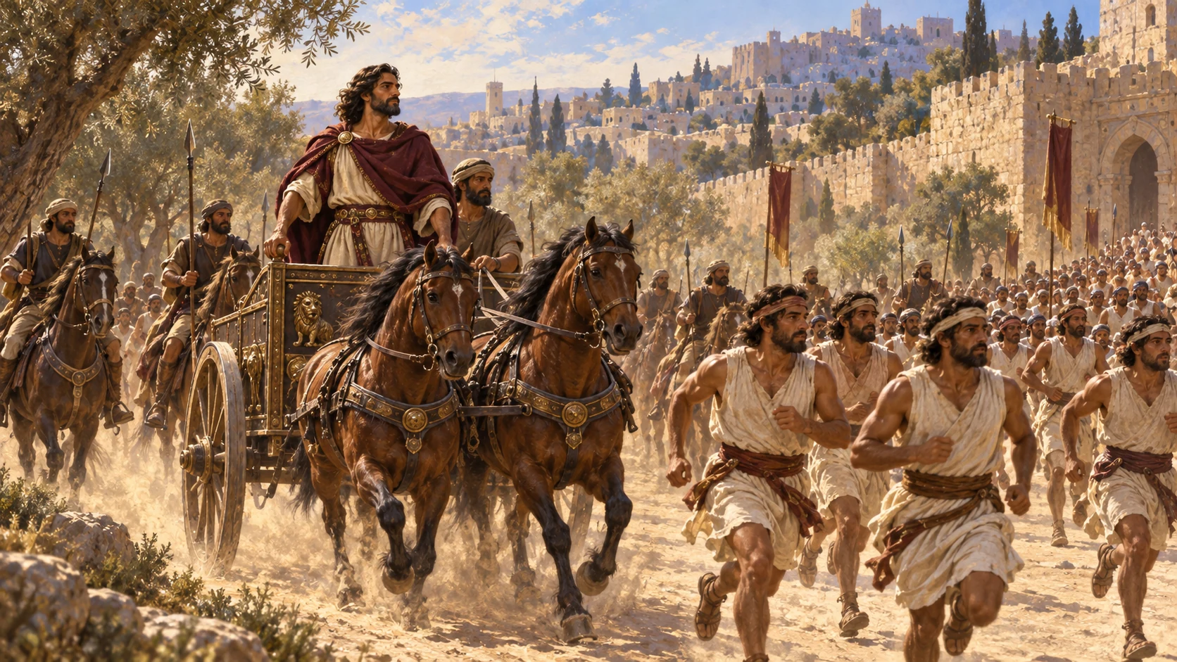 Adonijah rides in his chariot with horsemen and runners before him; handsome royal bearing, no crown.