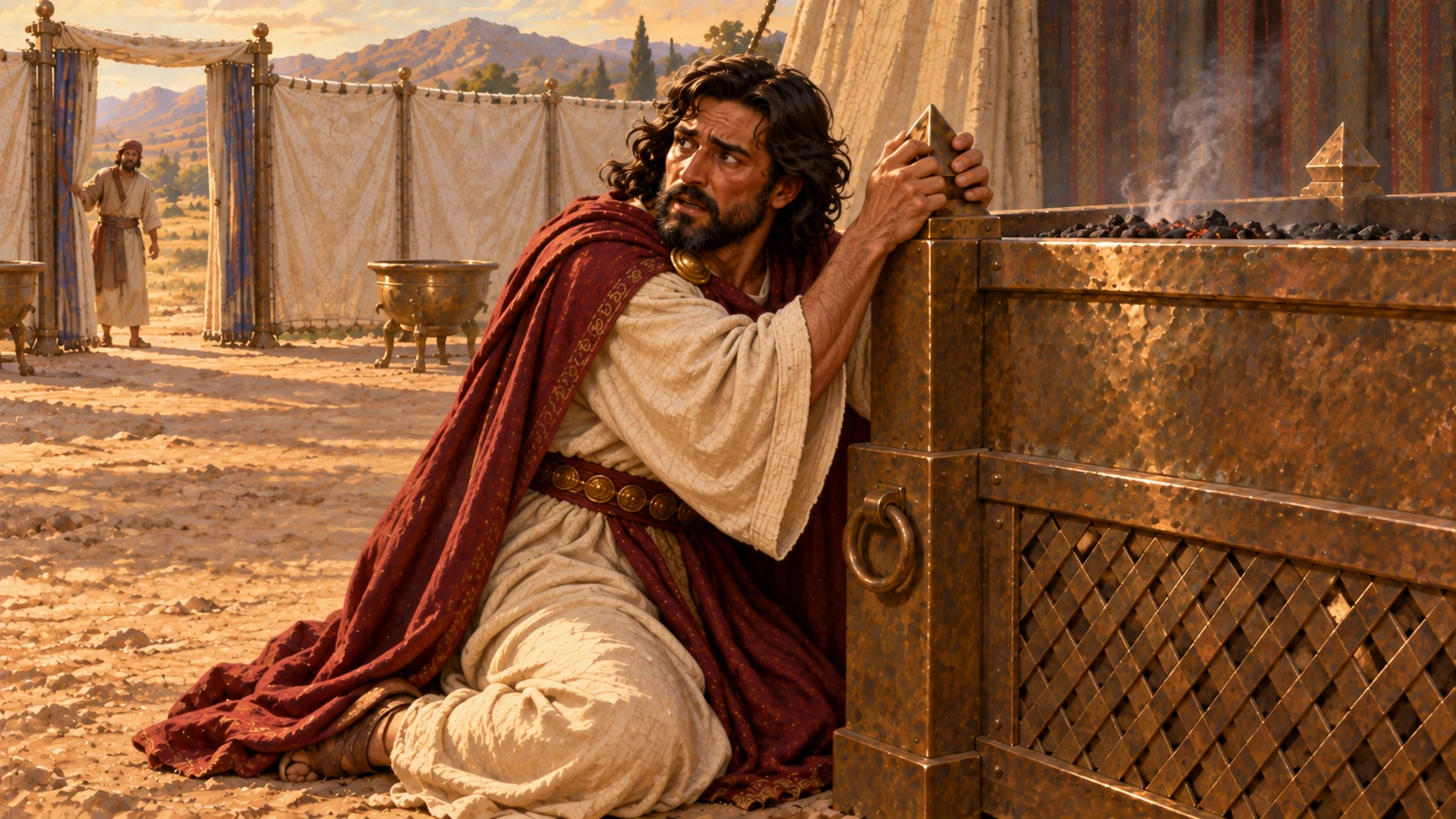 Adonijah clutches the horns of the altar in fear. No execution or violence in this scene.