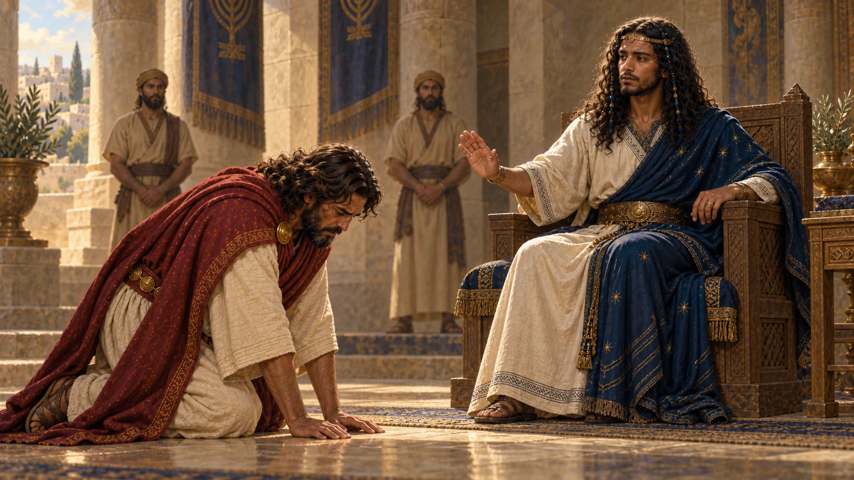 Adonijah bows before the enthroned Solomon, who dismisses him to his house.