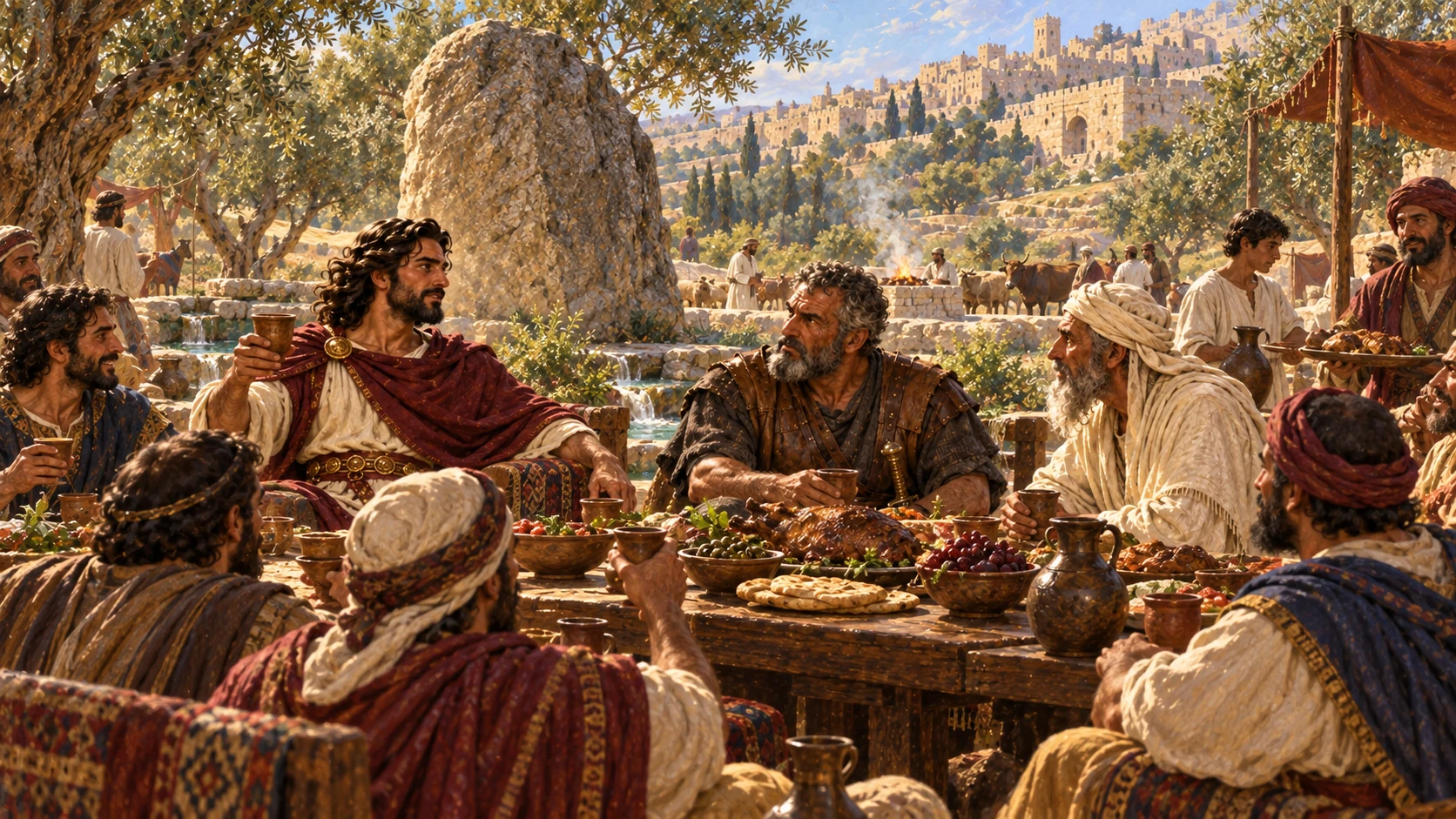 Adonijah holds a sacrificial feast beside the stone of Zoheleth. Solomon and the named excluded supporters are absent.