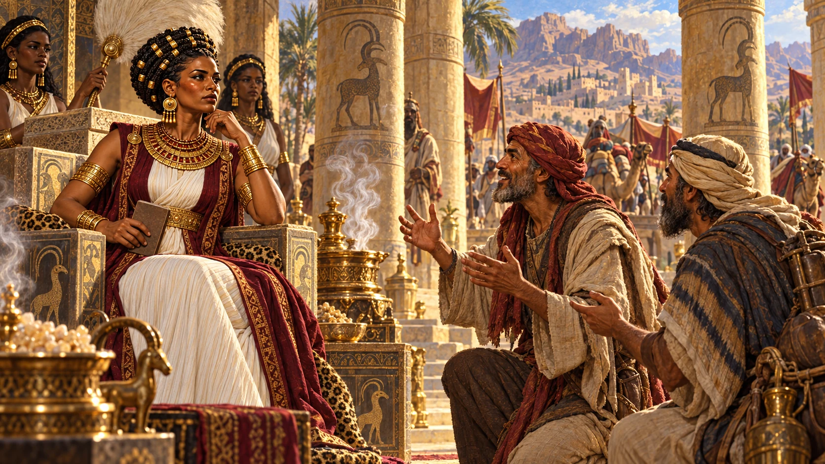 The Queen of Sheba hears Solomon’s fame concerning Yahweh and resolves to test him with riddles.