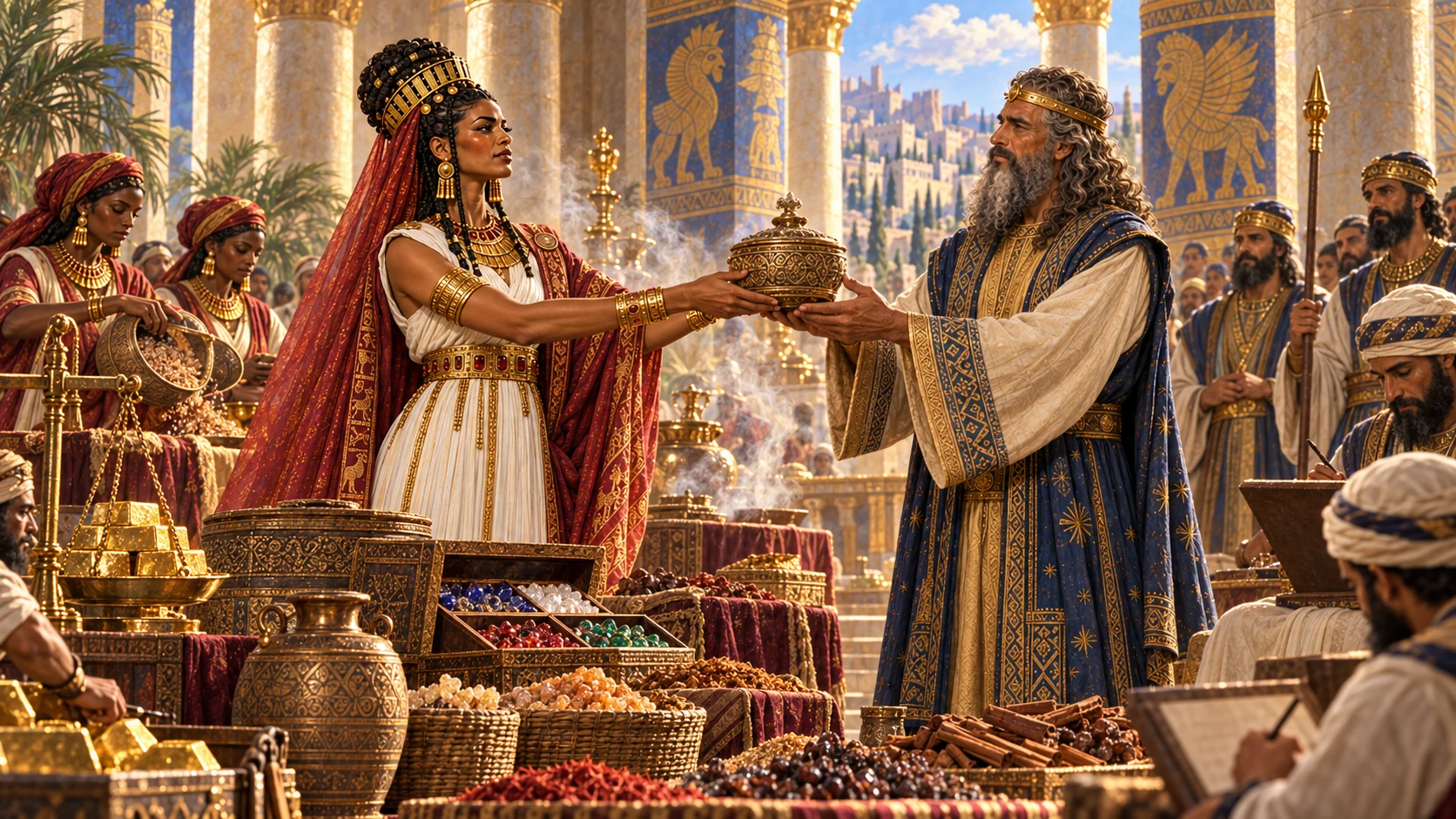 She gives 120 talents of gold, unmatched spices and precious stones in a solemn diplomatic presentation.