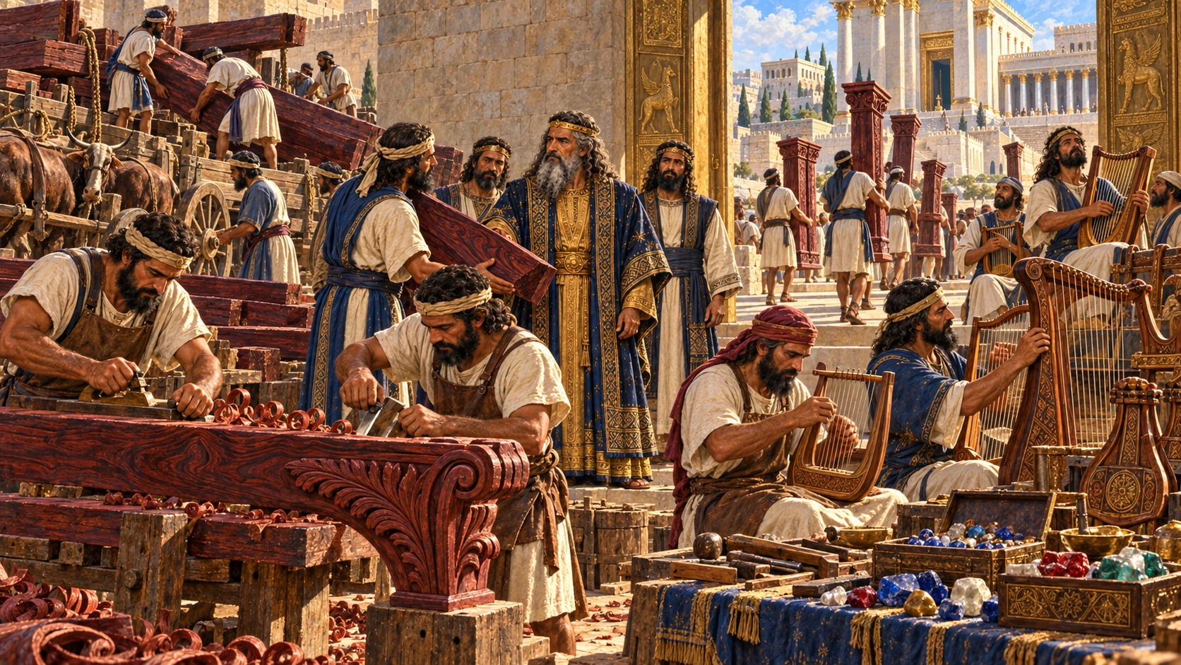 Hiram’s fleet brings gold, almug wood and stones; artisans turn the wood into Temple and palace supports and instruments.