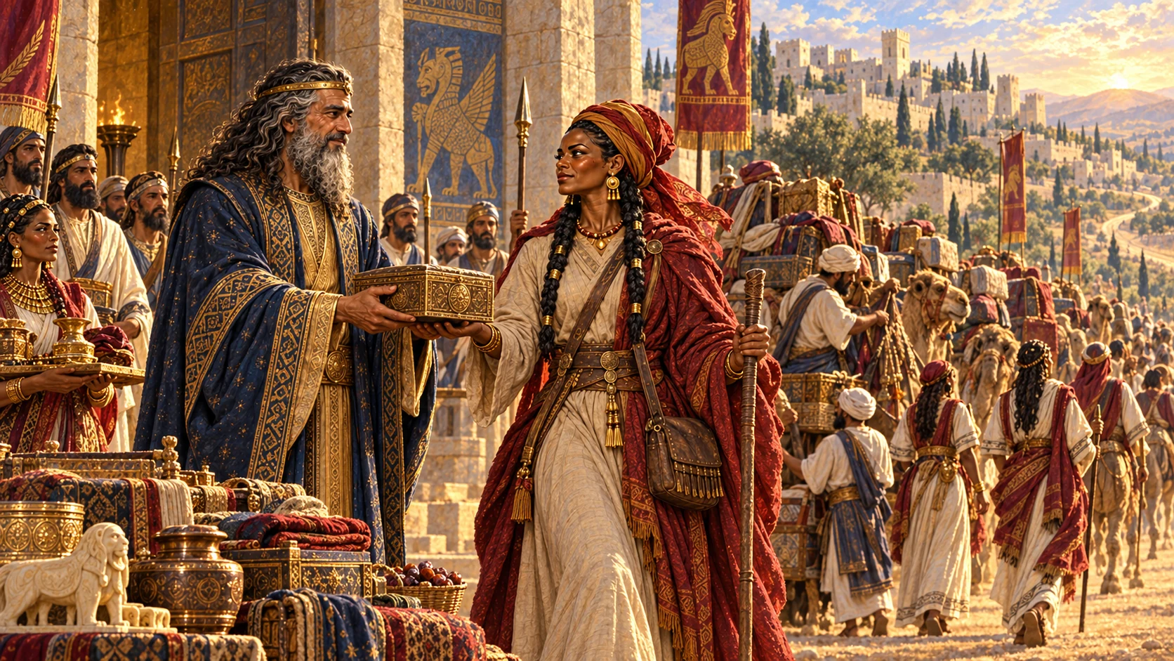 Solomon grants all she desires and additional gifts; the queen departs toward her own land with servants and caravan.