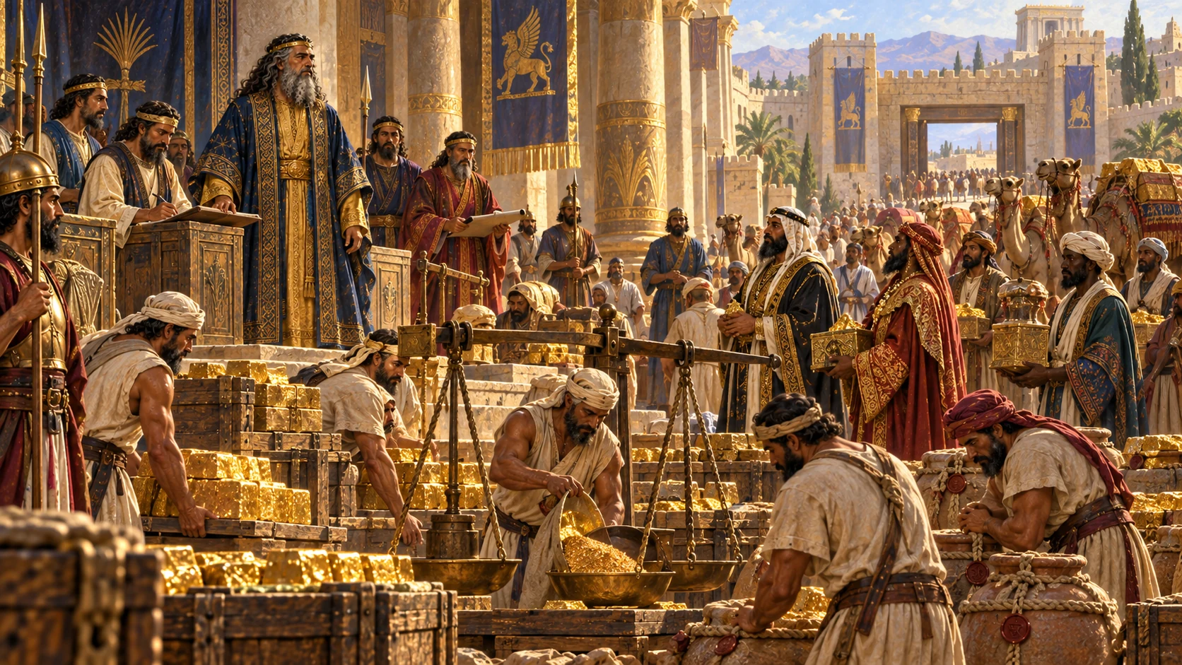 Annual gold, merchant trade, Arabian kings and governors bring immense revenue to Solomon.