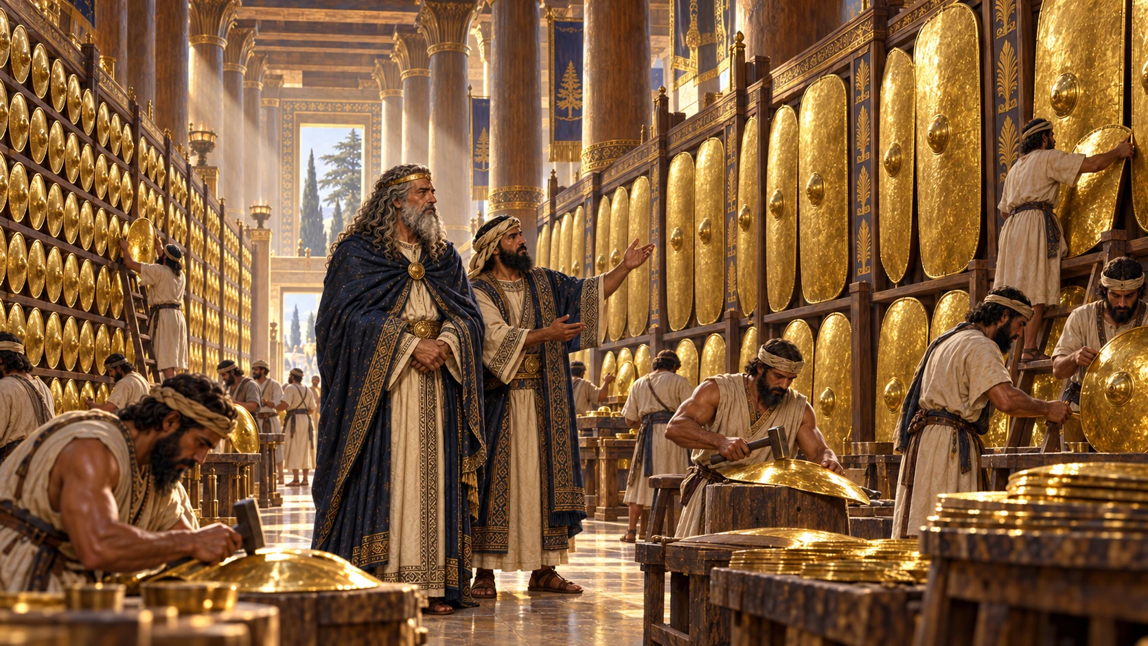 Two hundred large and three hundred smaller beaten-gold shields are installed in the House of the Forest of Lebanon.