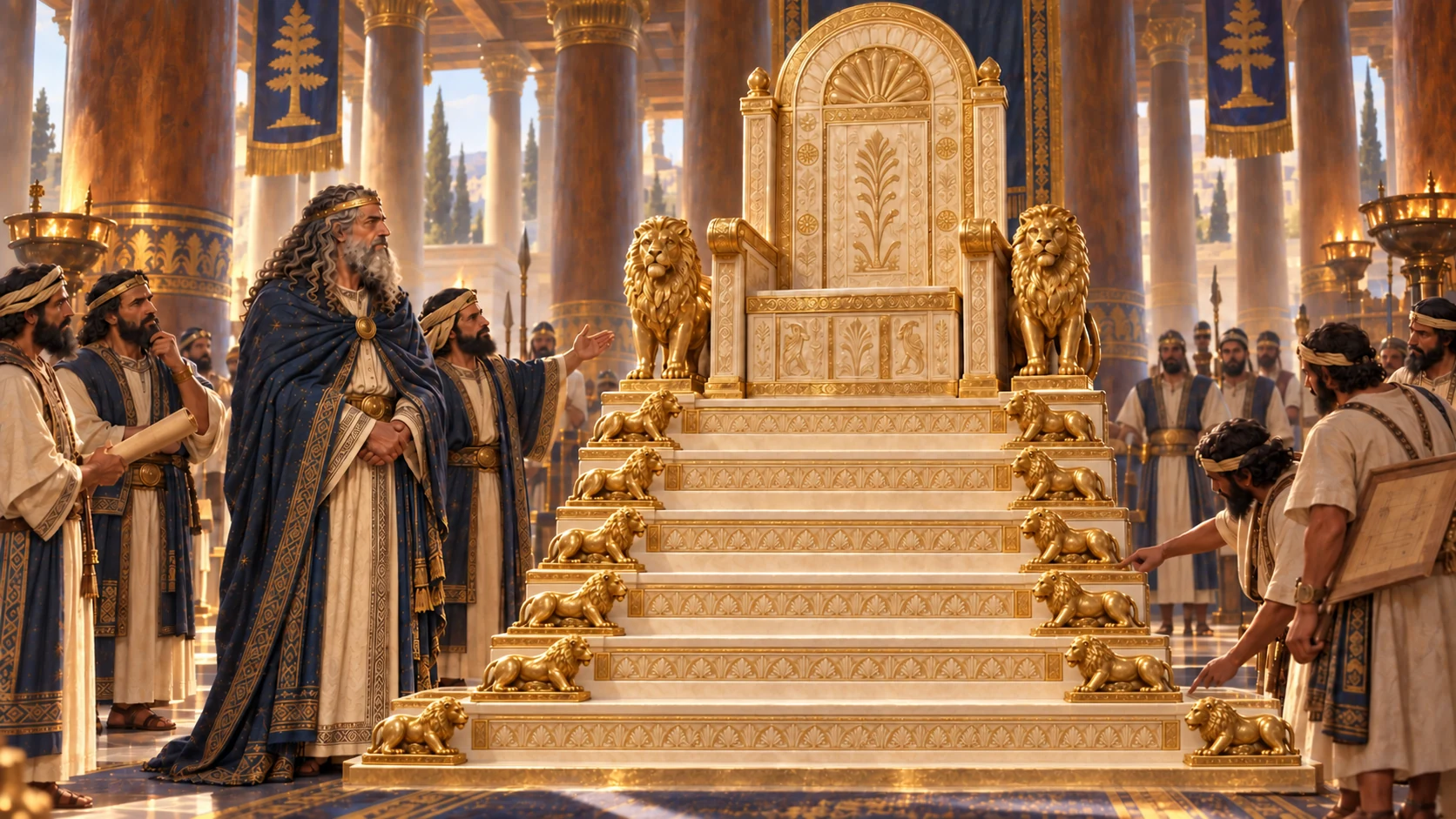 Solomon’s ivory-and-gold throne, six steps, armrests, rounded back and fourteen lions shown with exact visual care.