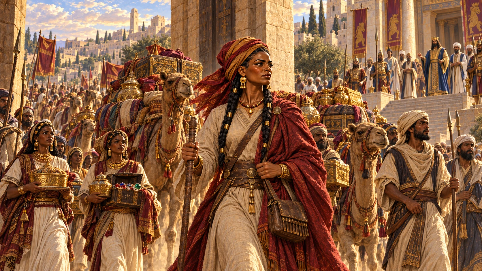 The queen enters Jerusalem with a great retinue, spice-laden camels, gold and precious stones, then speaks her heart to Solomon.
