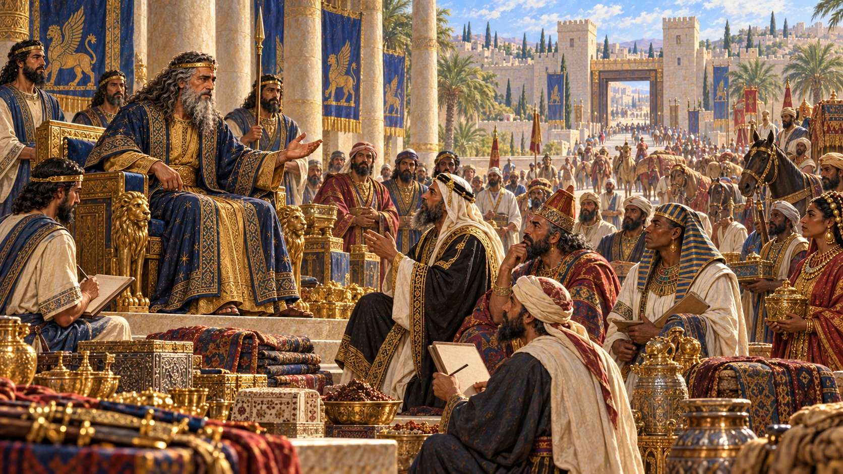 Delegations from many lands seek Solomon’s God-given wisdom and bring yearly tribute of valuables, garments, weapons, spices and animals.